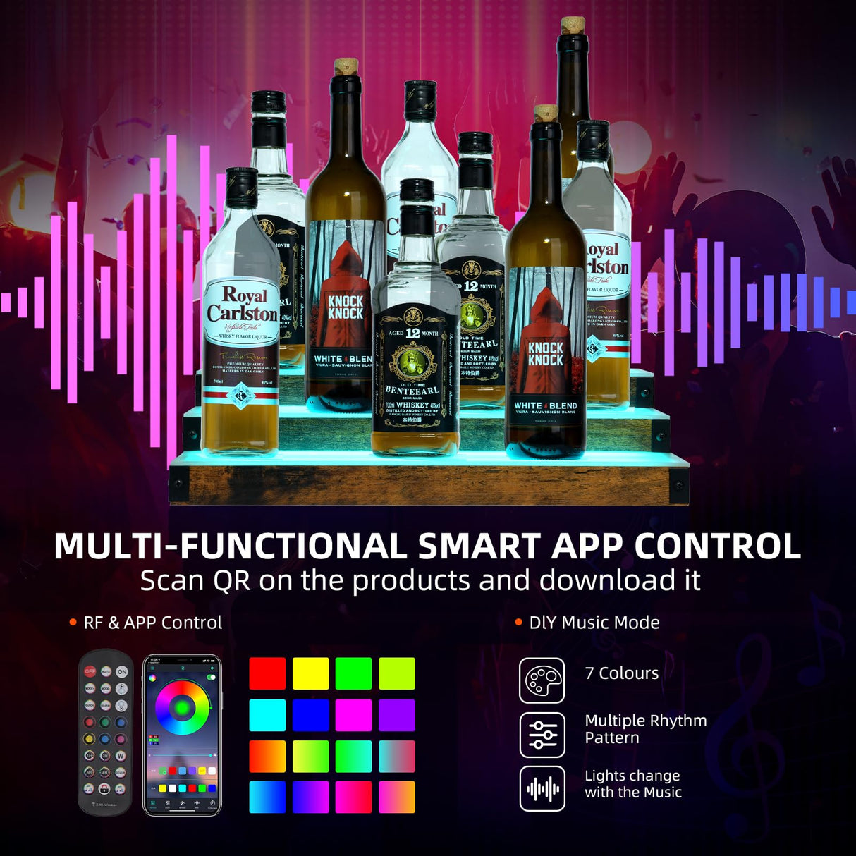 2 Pack LED Lighted Liquor Bottle Display Shelf, 3 Tier 32 Inch Liquor Shelves, RGB Acrylic bar Shelf with RF & App Control, 7 Colors, Music Sync, Timer, Whiskey Rack Stand for Home Bar, KTV, Party Aisthtea