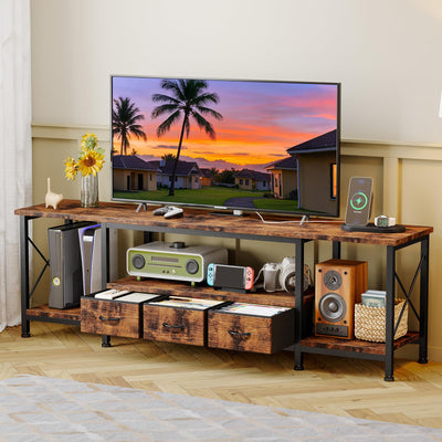 YGEOMER TV Stand for 75 Inch TV Entertainment Center with Power Outlets TV Console Table deepen with Fabric Drawers Metal Frame Storage Shelves and for Living Room, Bedroom 63" Rustic Brown