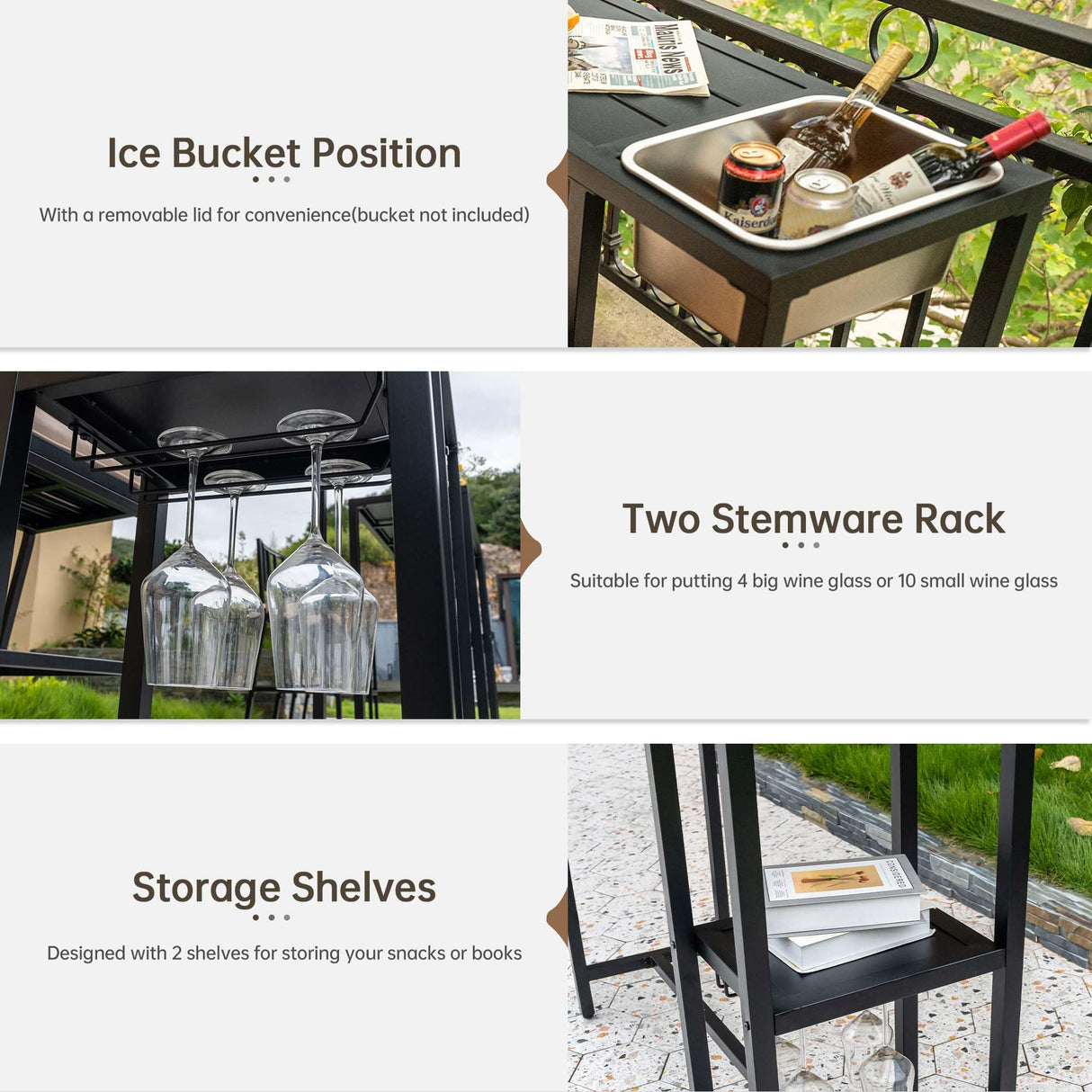 PIZZELLO 6 Piece Outdoor Patio Bar Set, 2 PCS 47" Rectangular Counter Height High Top Bar Tables with Wheels, 4 Cushioned Bar Stools, Metal Bar Table and Chairs Set for Balcony, Backyard, Porch PIZZELLO