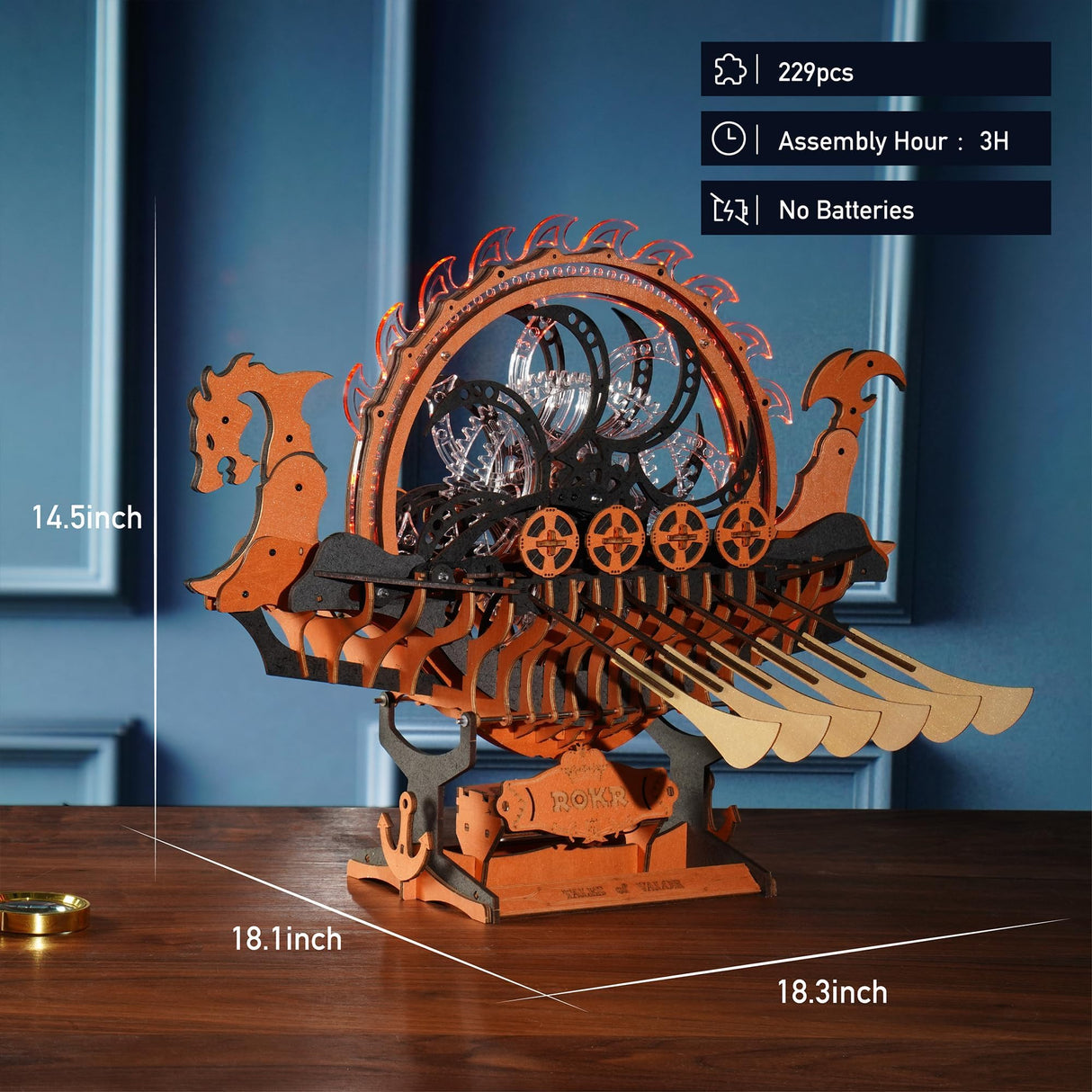 ROKR 3D Wooden Puzzle for Adults, 3-Hour Build, Viking Dragon Ship with LED Lights, Model Kits for Adults to Build, Ideal Gift for Boys and Men ROKR