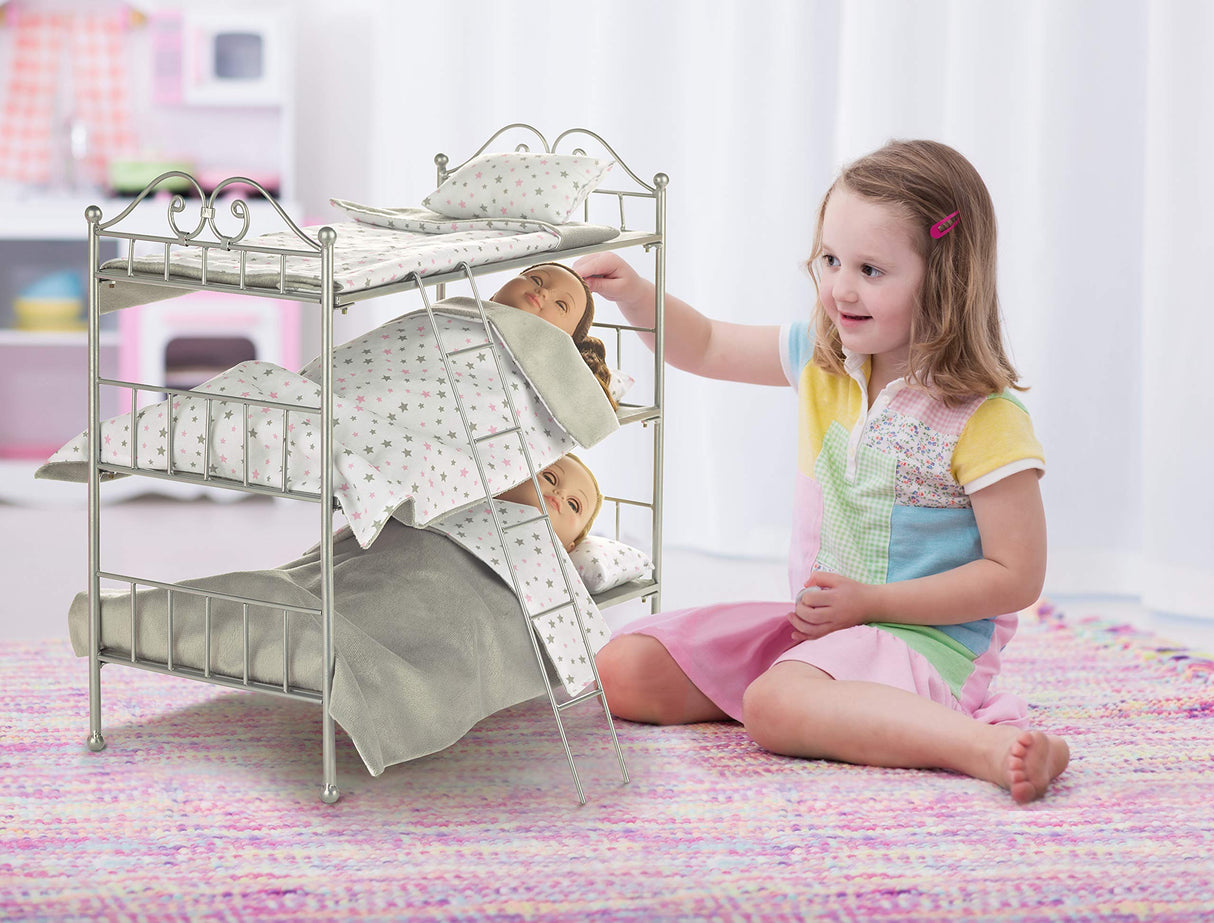 Badger Basket Scrollwork Metal Triple Doll Bunk Bed with Ladder and Bedding – Stylish Silver and Pink Stars Design for 18-Inch Dolls Badger Basket