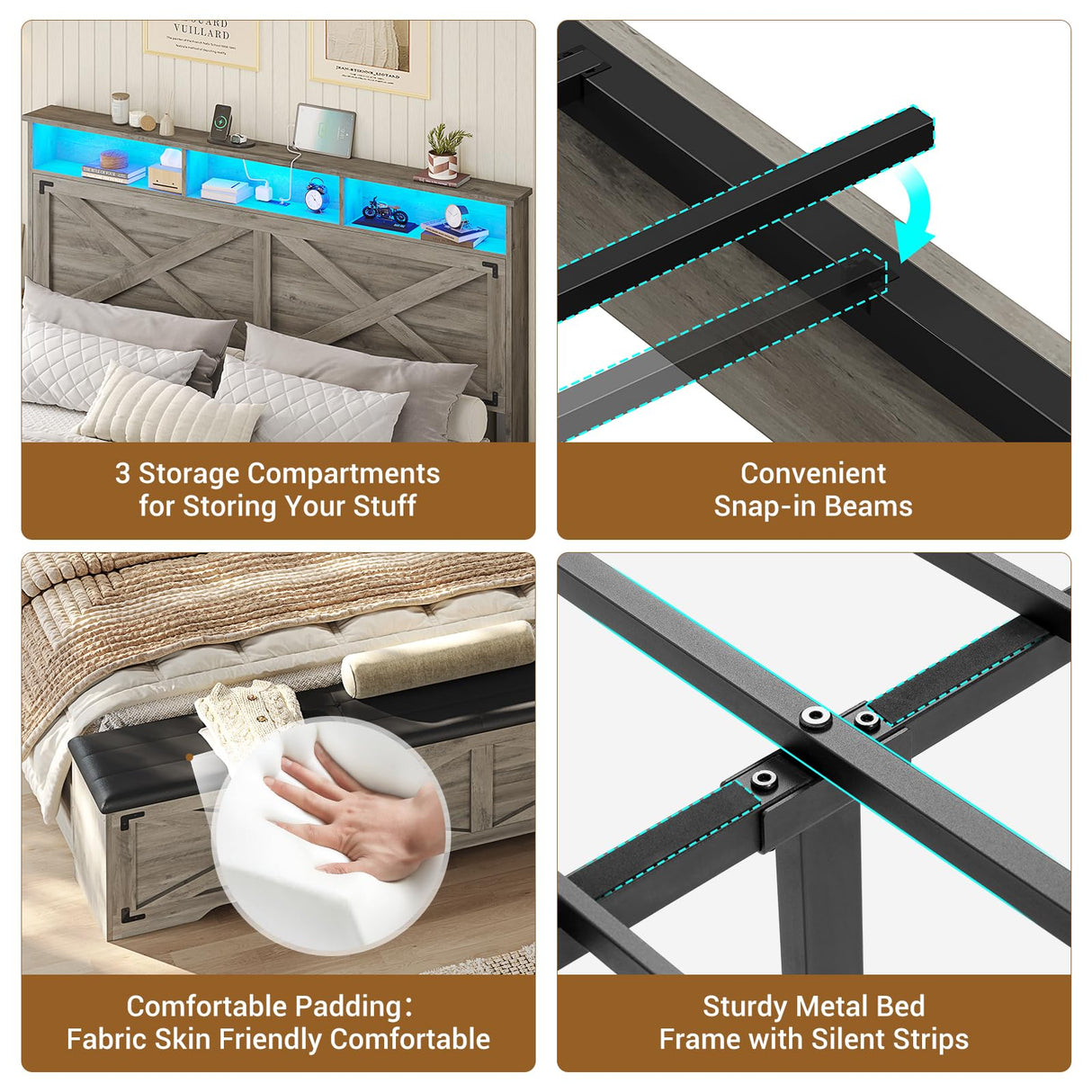 Hasuit Queen Size Bed Frame with Storage Ottoman, Farmhouse Bed Frame with Charging Station and Led Light, Headboard with Storage Rack, Metal Slats, No Noise Design, No Box Spring Needed,Oak Grey Hasuit