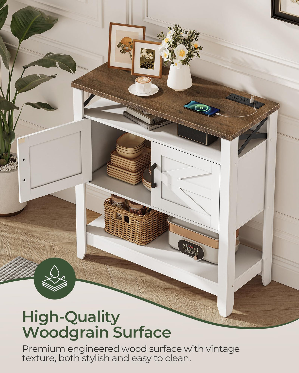 CHOEZON Console Table, Farmhouse Sofa Table with Power Outlet, Entryway Table with Cabinet and Open Shelves, Coffee Bar Cabinet with Storage for Entrance, Hallway, Kitchen, White and Walnut MXG01UWL CHOEZON