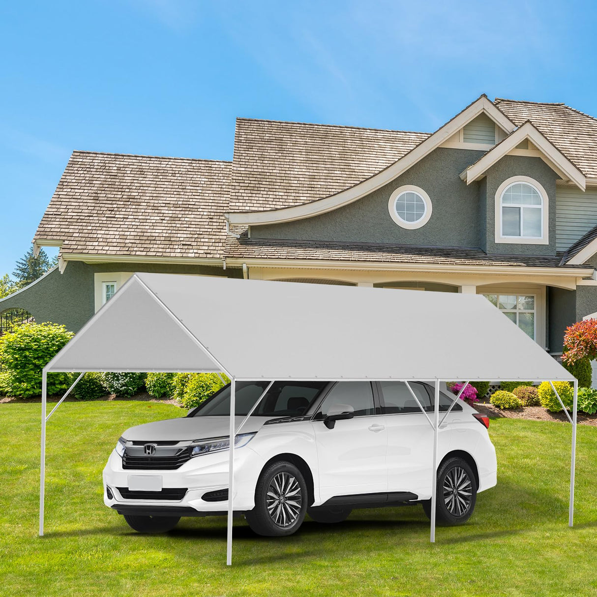 Canopy Replacement Cover for 10' x 20' Carport Frame, 200G Heavy Duty Replacement Top Cover for Car Garage, Waterproof & UV Protected Tarp with 48 Ball Bungees (Only Cover, Frame Not Included), White Fetuero
