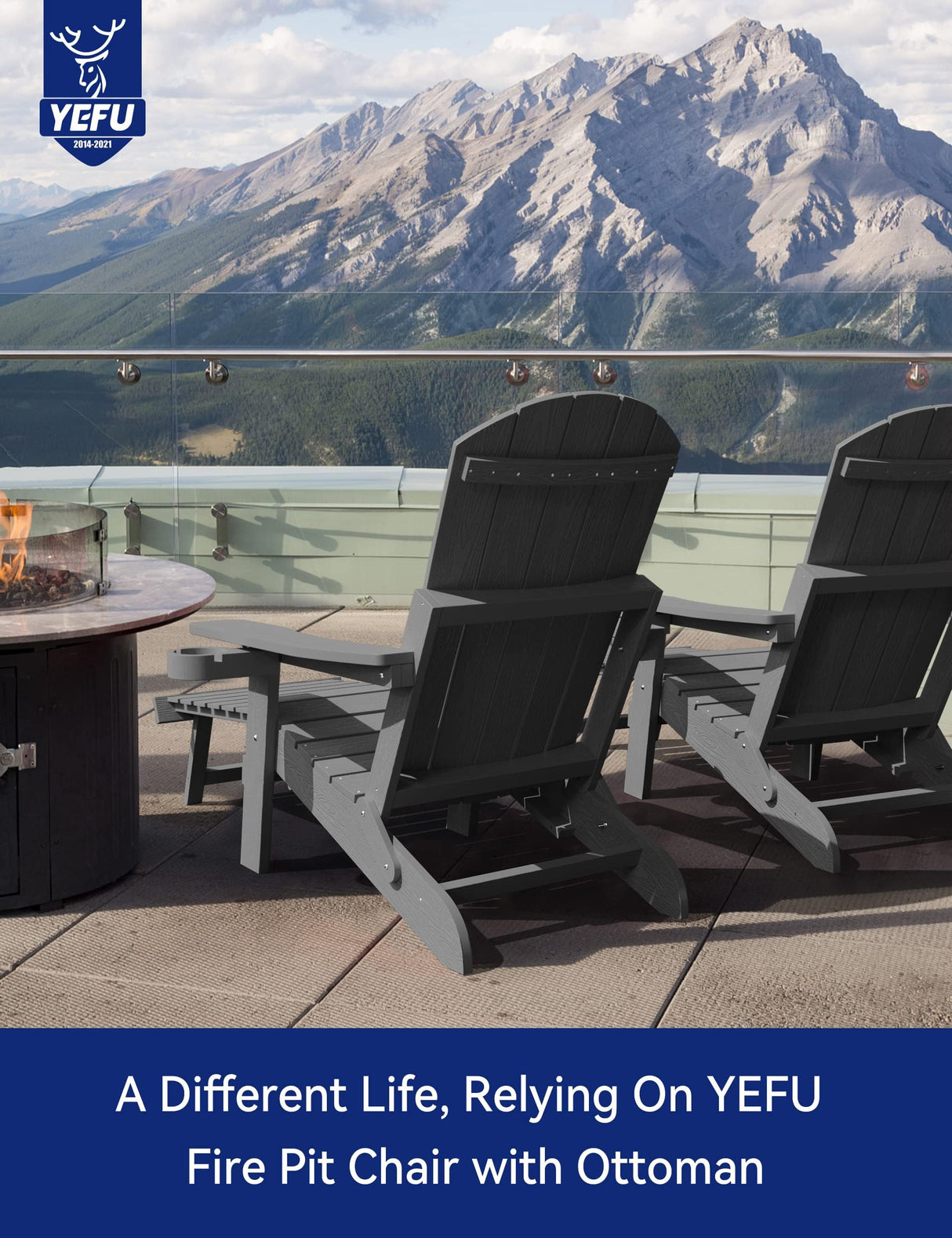 YEFU Adirondack Chair with Ottoman, Adjustable Backrest Adirondack Chairs, Folding Outdoor Fire Pit Chair with 2 Cup-Holders, Weather Resistant for Patio Lawn Outside Garden Pool, 380lbs(Grey) YEFU