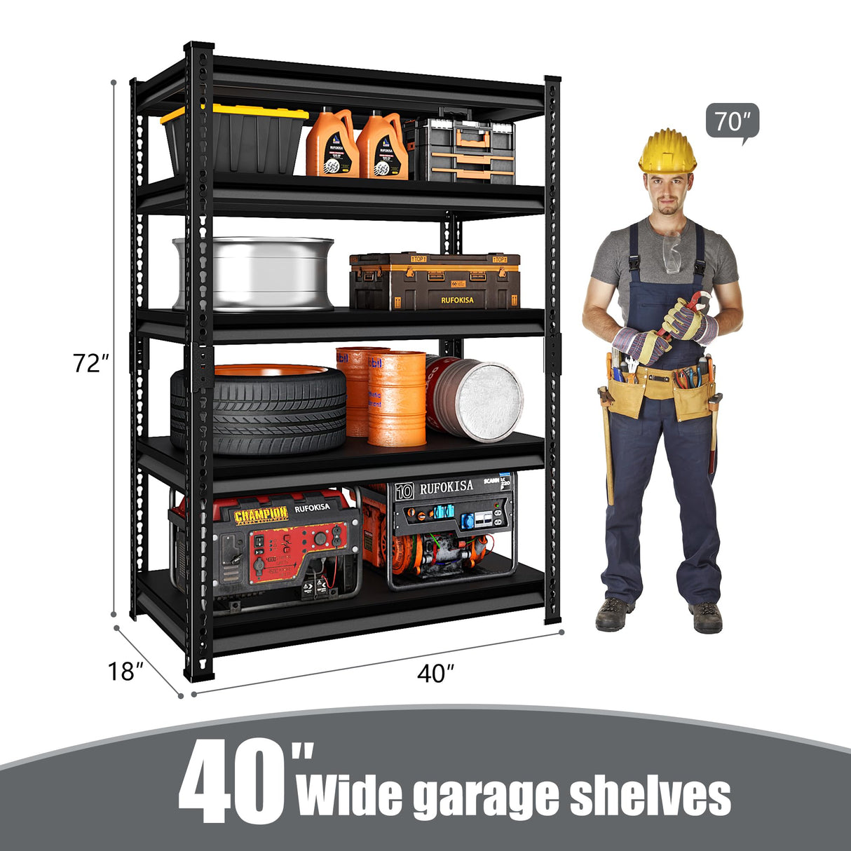 Rufokisa 5-Tier Garage Shelving Heavy Duty, 72" Metal Shelving Unit - 2250 lbs Load Capacity, 40"W x 18"D x 72"H (Black) Rufokisa