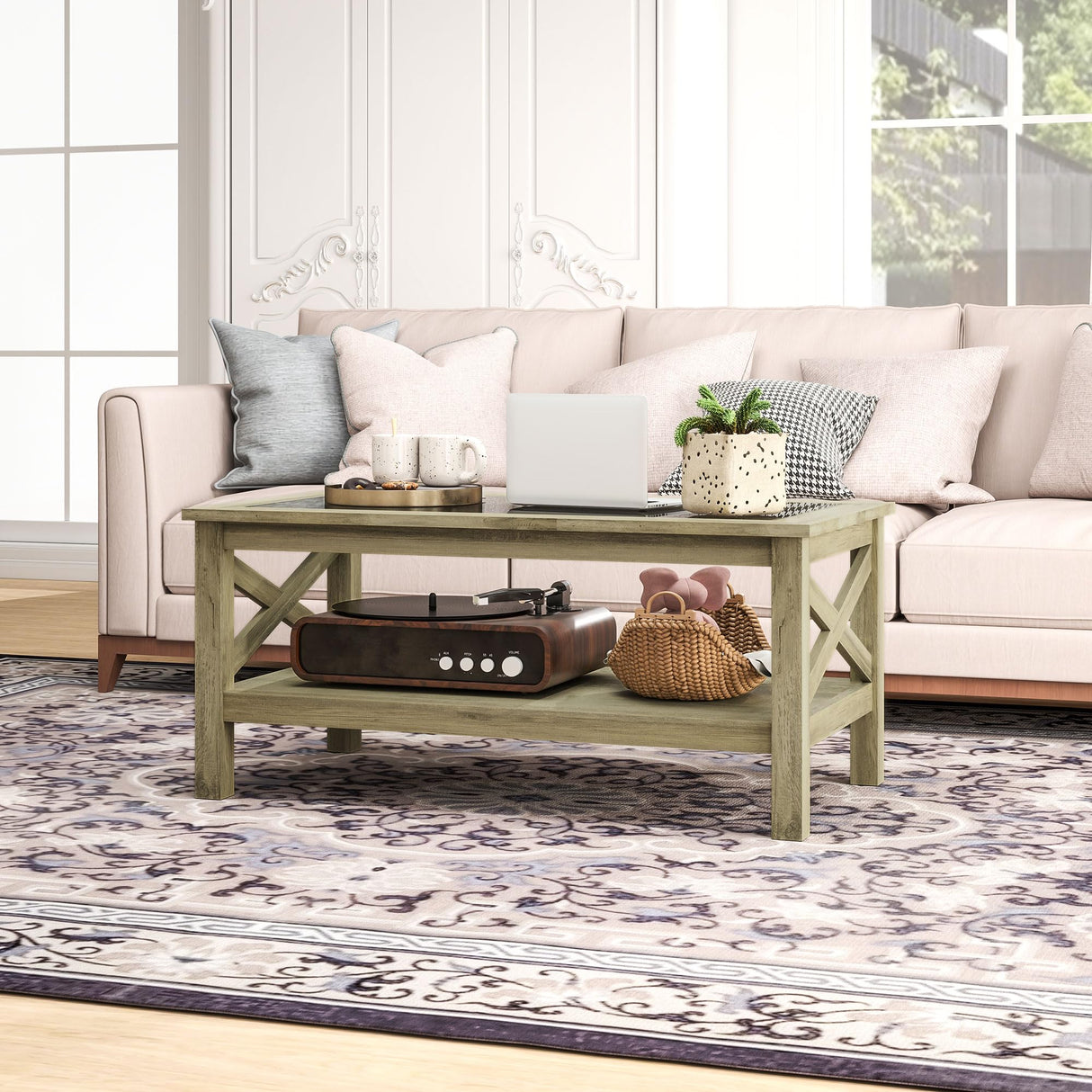 HOMCOM Glass Coffee Table, Modern Farmhouse Center Table with Storage, Side Table for Living Room with Classic X-Bar Style Sides, Gray HOMCOM