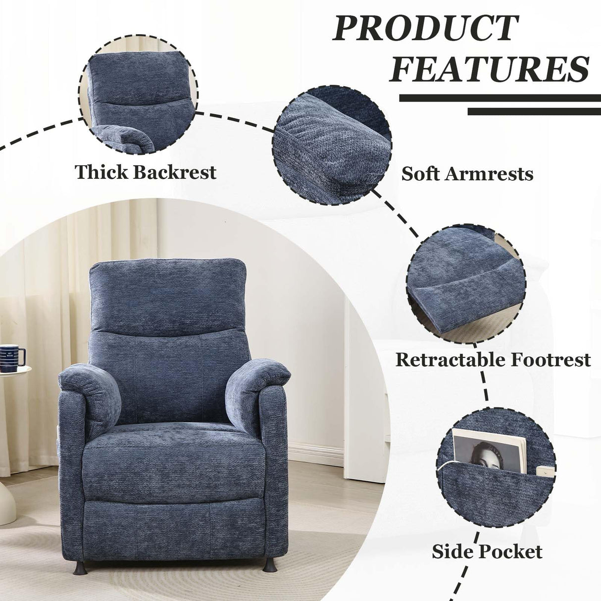 Thctvous Blue Electric Recliner Chairs for Adults, Comfy Power Recliners with Remote Control, Small Recliner Chair for Bedroom, Mini Reclining Chairs for Living Room Home Theater Office (Blue) Thctvous