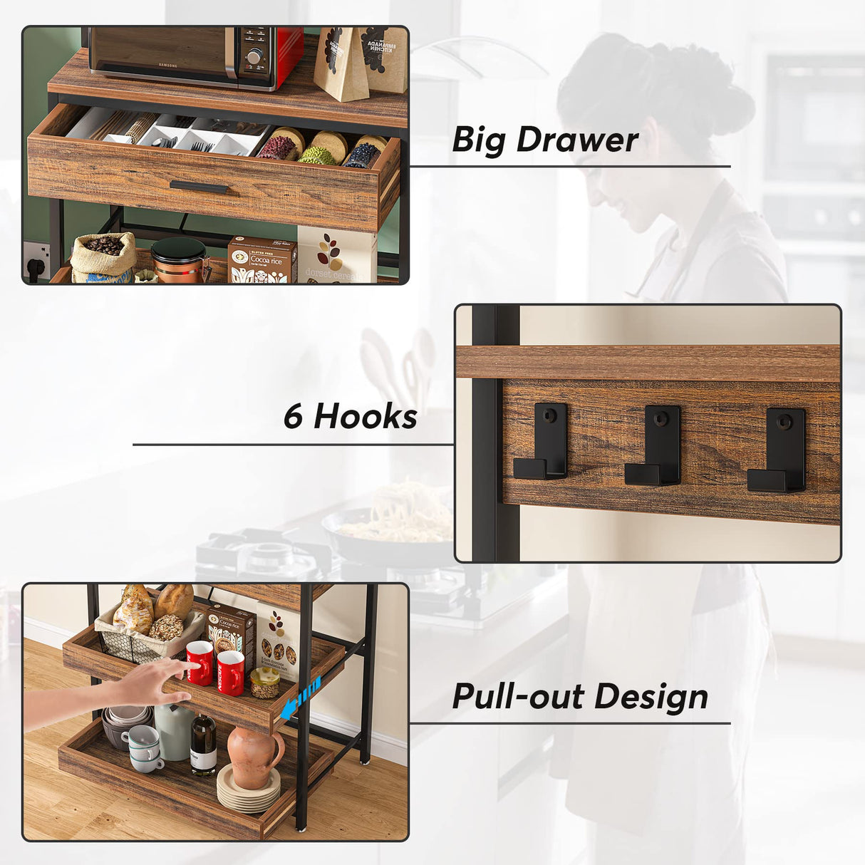 Tribesigns Rustic Brown 5-Tier Kitchen Bakers Rack with Power Outlets and Drawers Tribesigns