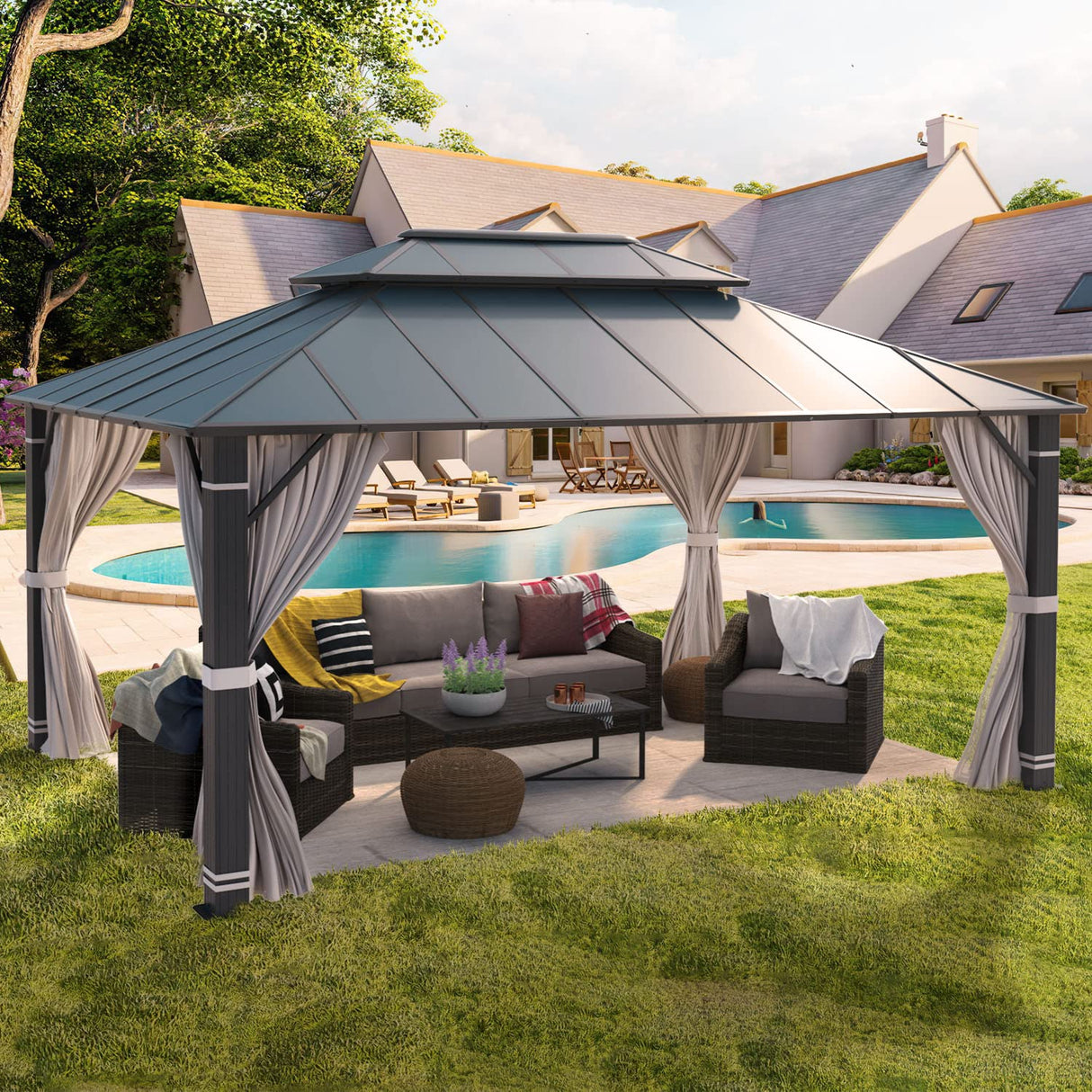 YOLENY 12' x 16' Hardtop Gazebo, Permanent Outdoor Aluminum Patio Gazebo with Aluminum Composite Double Roof for Patio Lawn and Garden, Curtains and Netting Included YOLENY