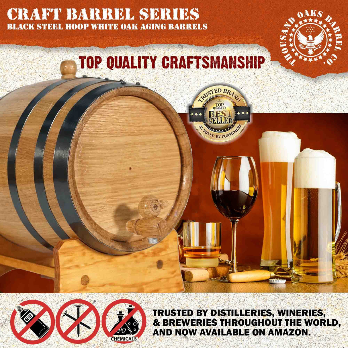 2 Liter Oak Aging Barrel with Wood Stand, Bung & Spigot - Mini Whiskey Barrels for The Home Alcohol Distiller, Brewer, Moonshiner & Winemaker - Age THOUSAND OAKS BARREL