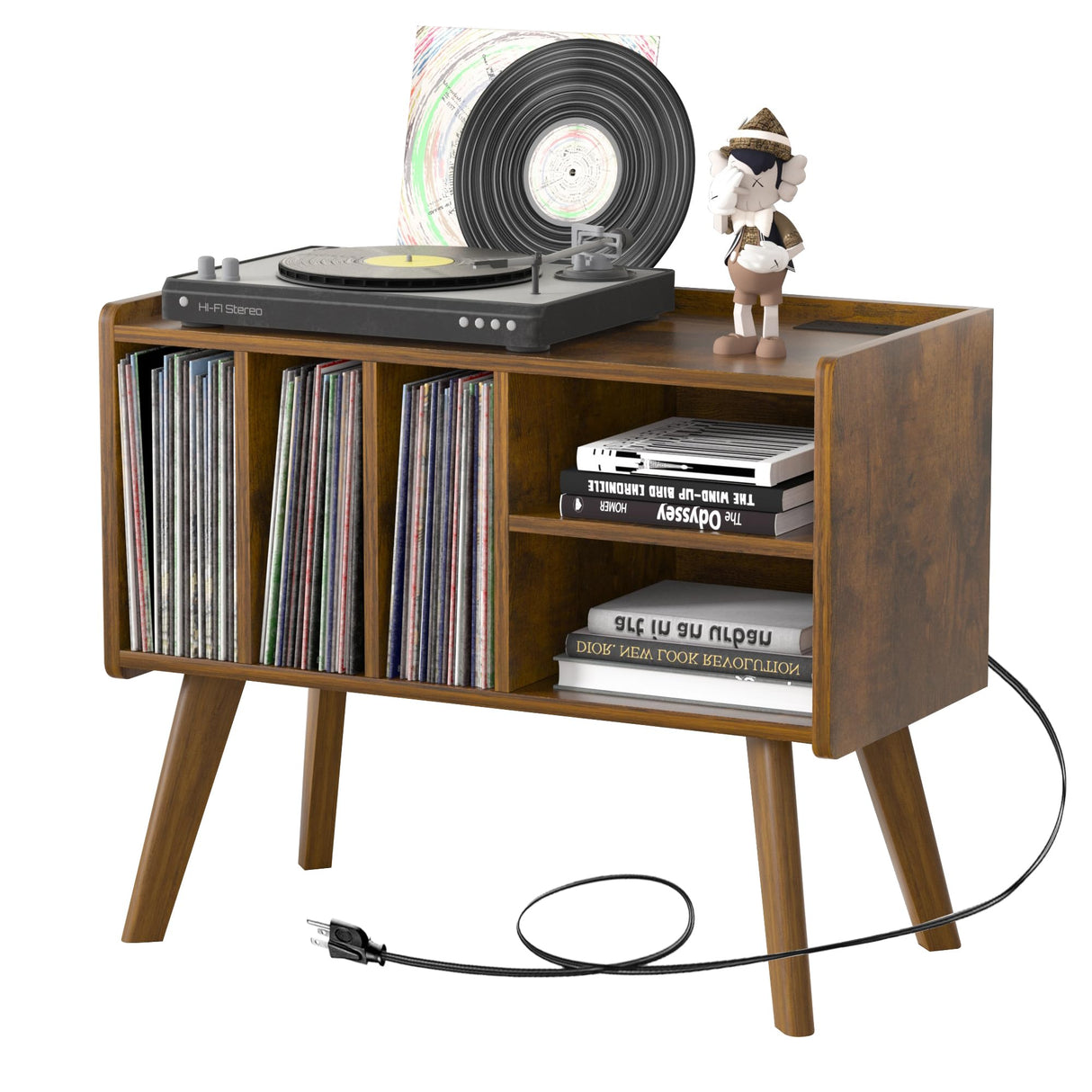 Forevich Record Player Stand Table with Vinyl Storage Holder Large Turntable Record Stand with Power Outlet Holds Up to 220 Albums Display Shelf Cabinet with Wood Legs for Living Room Rustic Brown Forevich