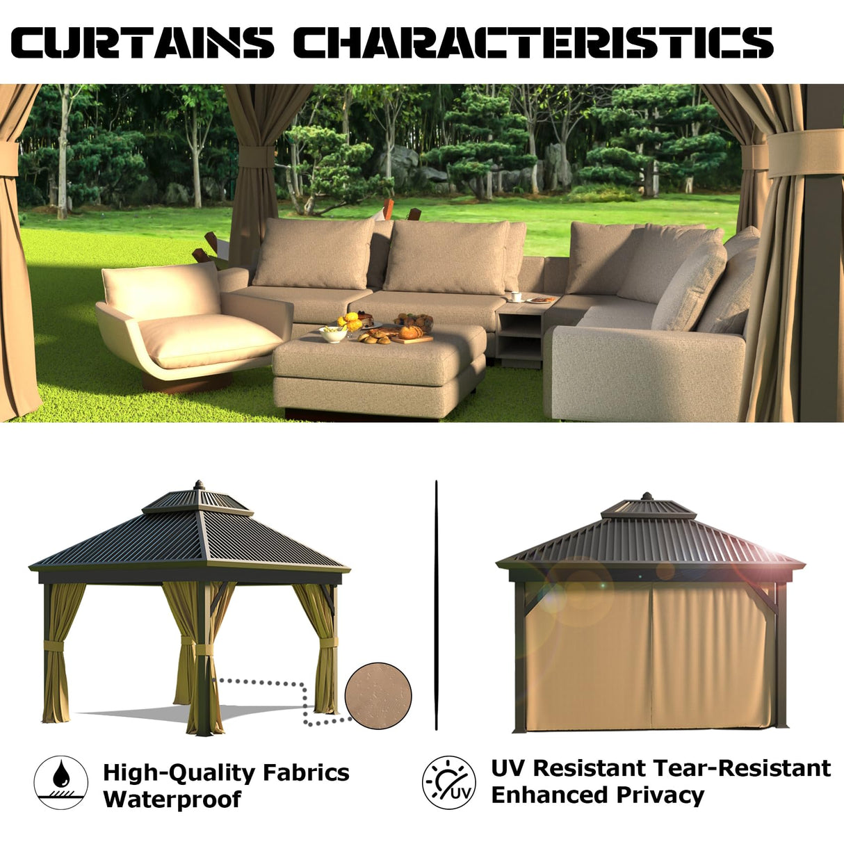 10’x12’ 4-Side Wall Gazebo Privacy Curtains with Zipper for Lowe's Allen Roth #GF-12S004B-1 / GF-12S004BTO / TPGAZ17-002, 4-Panels Sidewall Curtains Replacement for 10-ft x 12-ft Gazebo (Khaki) Fengind