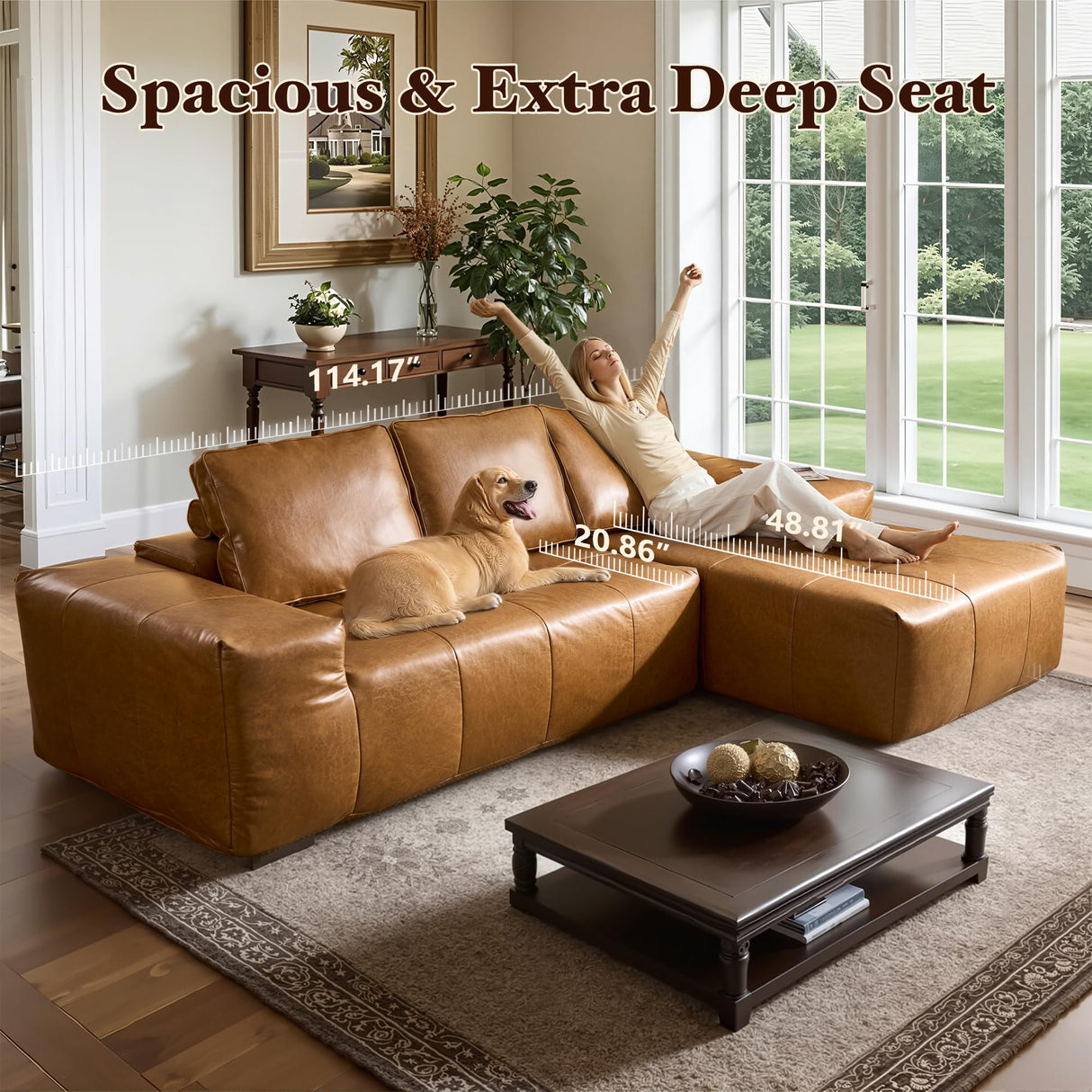 114" Boneless Couches for Living Room, Brown Faux Leather Cloud Sectional Couches with Chaise, Deep Seat L Shaped Modular Sofa, No Assembly Required Sofas in a Box (Right,Faux Leather,Brown) weaxty W