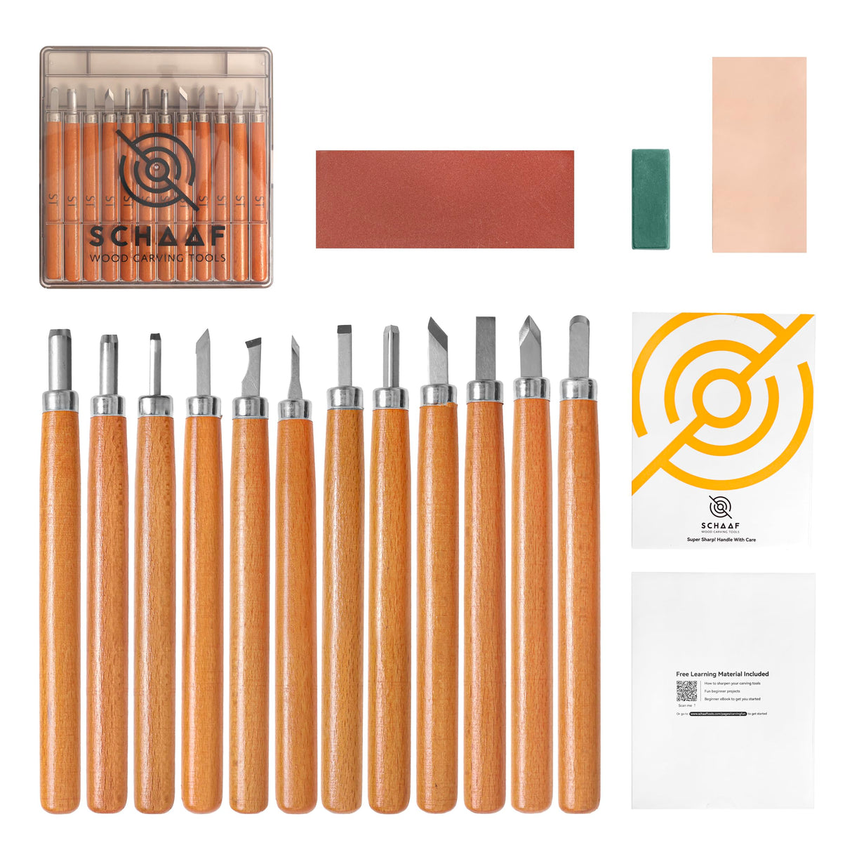 Beginner-Friendly Wood Carving Kit, 15pc Wood Carving Tools Set with Razor Sharp Carving Knives & Mini Chisels, Linoleum Carving Tools, and Woodworking Tools for DIY Crafts from Schaaf Tools (Large) Schaaf Wood Carving Tools
