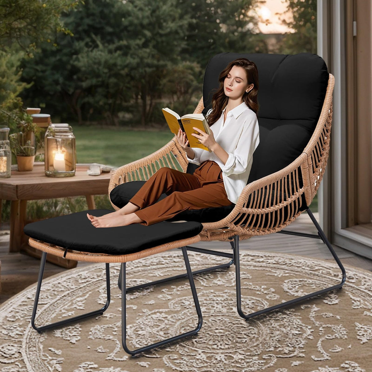 HOMEZILLIONS Outdoor Wicker Papasan Egg Chair with Ottoman, Patio Basket Lounge Chair Indoor Egg-Shaped Rattan Reading Lounger with Thick Cushion for Living Room Bedroom Balcony Porch, Black HOMEZILLIONS