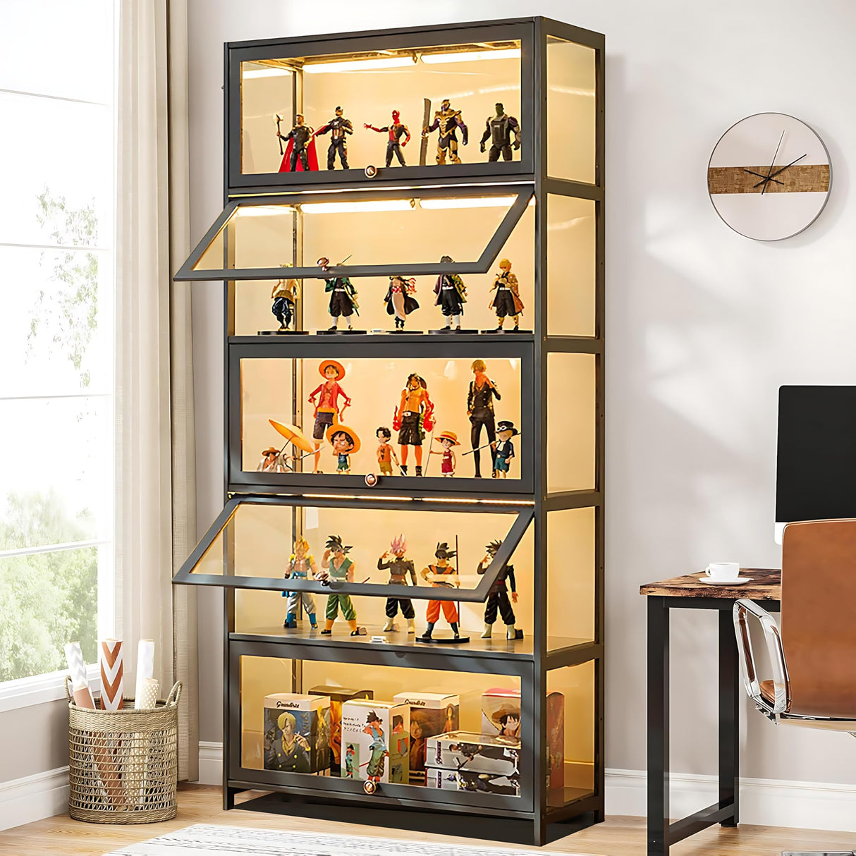 HAOWANJP Curio Display Cabinet 5-Tier Storage Shelves with Acrylic Door, Collectibles Toy Organizers Rack & Display Shelf, Kids Bookshelf and Bookcase for Playroom, Bedroom (Black-Flip) HAOWANJP