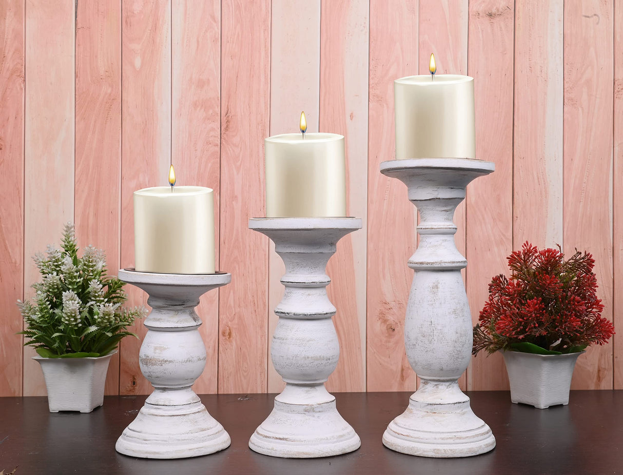 Samhita Set of 3 Wood Candle Holders – Hand Carved Decorative Candle Holder for Living Room or Table Centerpiece Samhita