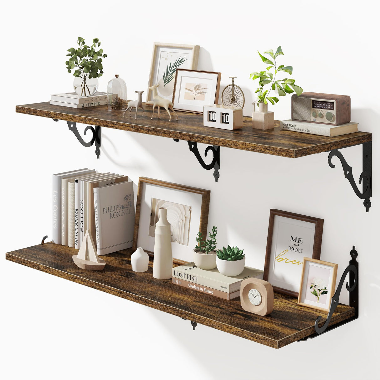 Fun Memories 40 Inch Floating Shelves Wall Mounted, 12 Inch Deep Wall Shelves with Bracket, Rustic Hanging Bookshelf, 40" Bookshelves for for Living Room, Kitchen and Bedroom, Rustic Brown, Set of 2 Fun Memories