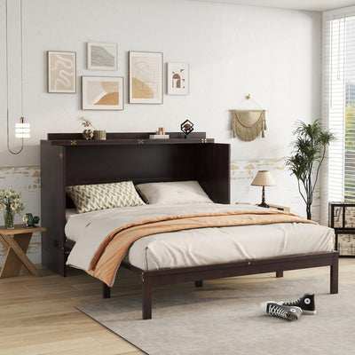 ZEIINPA Queen Murphy Bed Chest with Charging Station & Large Drawers, Wooden Cube Cabinet Bed with Foldable Bedframe for Apartment Living Room Bedroom(Mattress not Included) Espresso