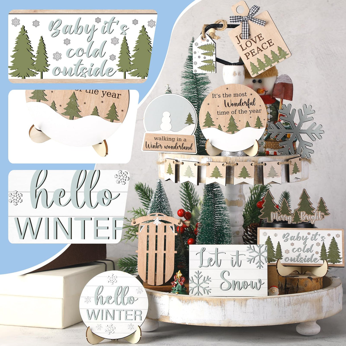 Thyle 16 Pcs Winter Tiered Tray Decor Set Christmas Tiered Tray Decor Hello Winter Snowman Snowflakes Wooden Sign Let It Snow Table Decorations Rustic Farmhouse Ornament for Table Home Kitchen Gift Thyle