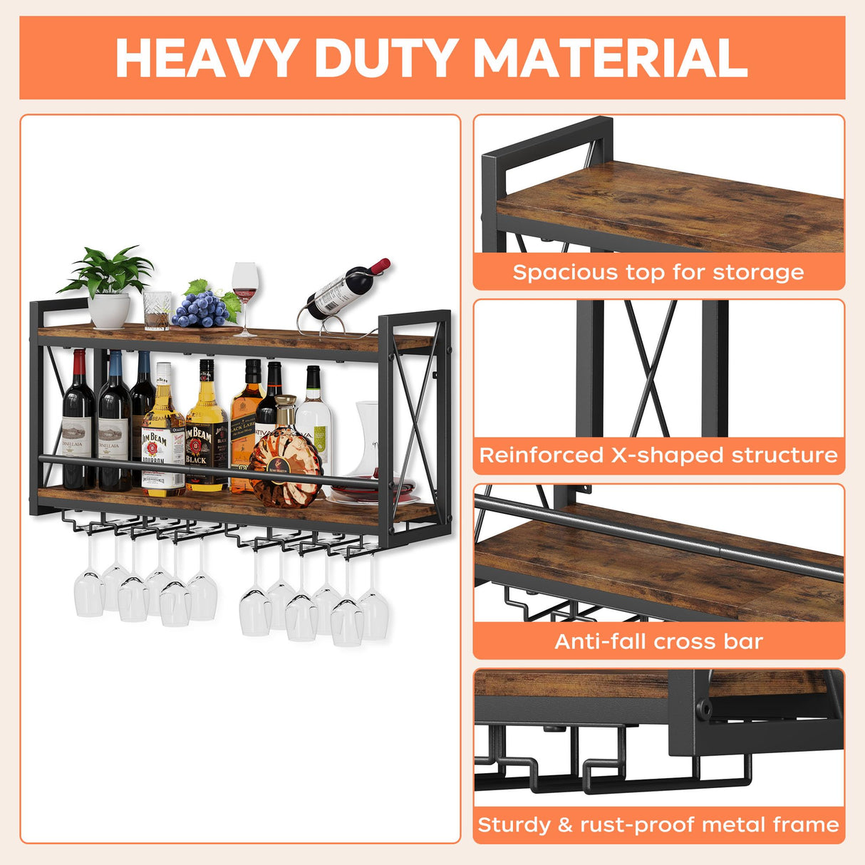 Homeiju Wall Mounted Wine Rack, Bottle & Glass Holder Wood-Metal Retro Wine Rack, Wine Bottles Display Wall Storage for Kitchen Dining Room Home Bar Homeiju