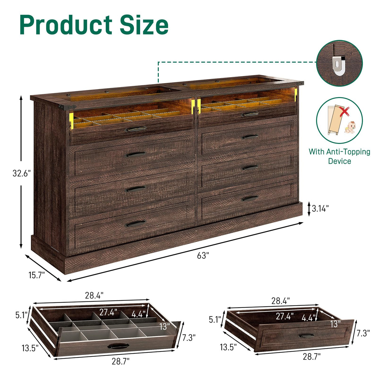 Hlivelood 63" Farmhouse 8 Drawer Dressers for Bedroom, Brown Wood Dresser w/Glass Top&Front Display Organizer, Bedroom Closet Island Chest of Drawers, for Living Room, Bedrooms, Hallway, Brown Hlivelood