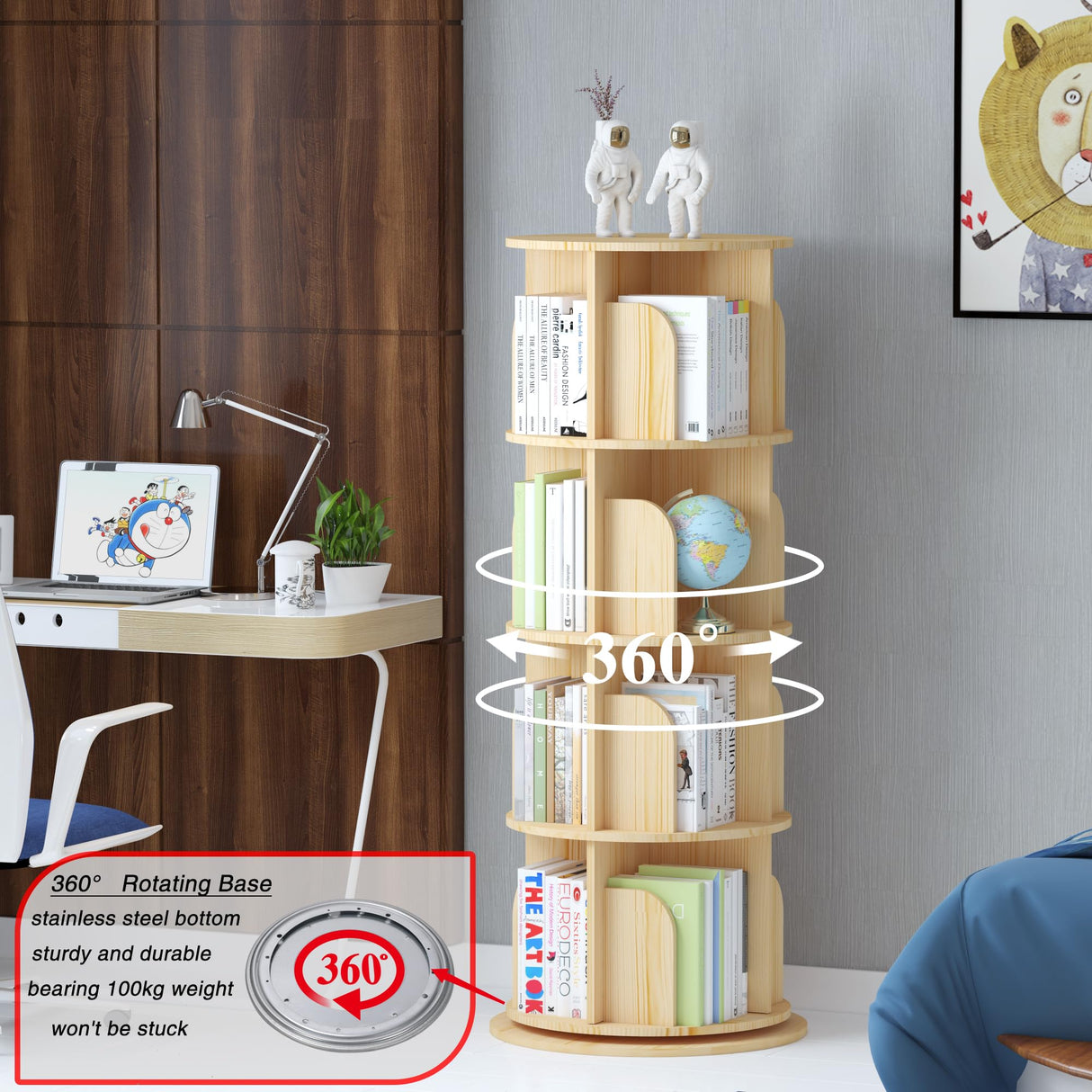 Rotating 360° Bookshelf – 4-Tier Solid Wood Corner Storage Rack for Small Spaces hhgrapehh