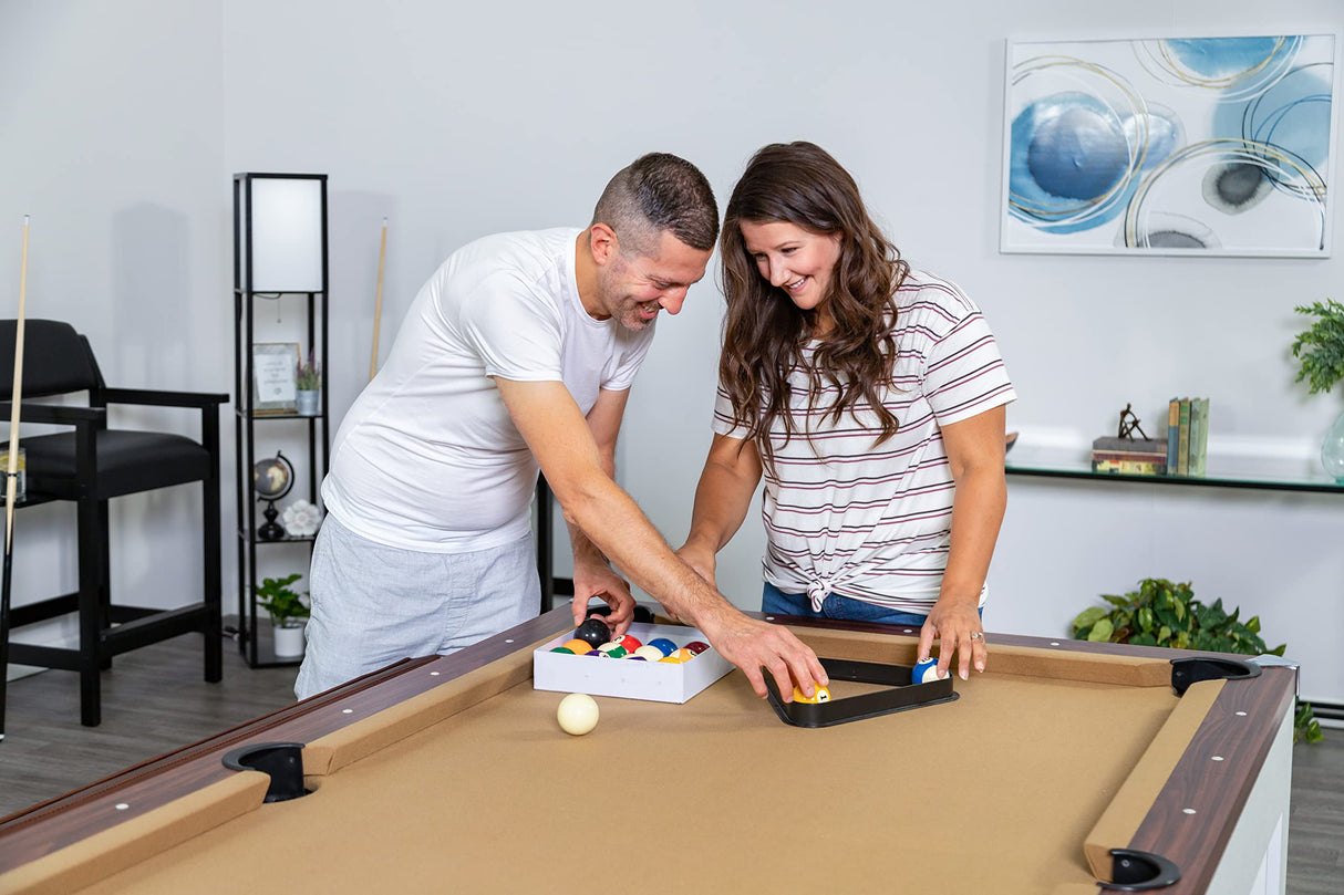 Hathaway Newport 7-ft Pool Table Tennis Combination with Dining Top, Two STO Newport II 7-ft Pool Table Combo Set with Benches - White with Camel Feltrage Benches with Accessories - Walnut Hathaway