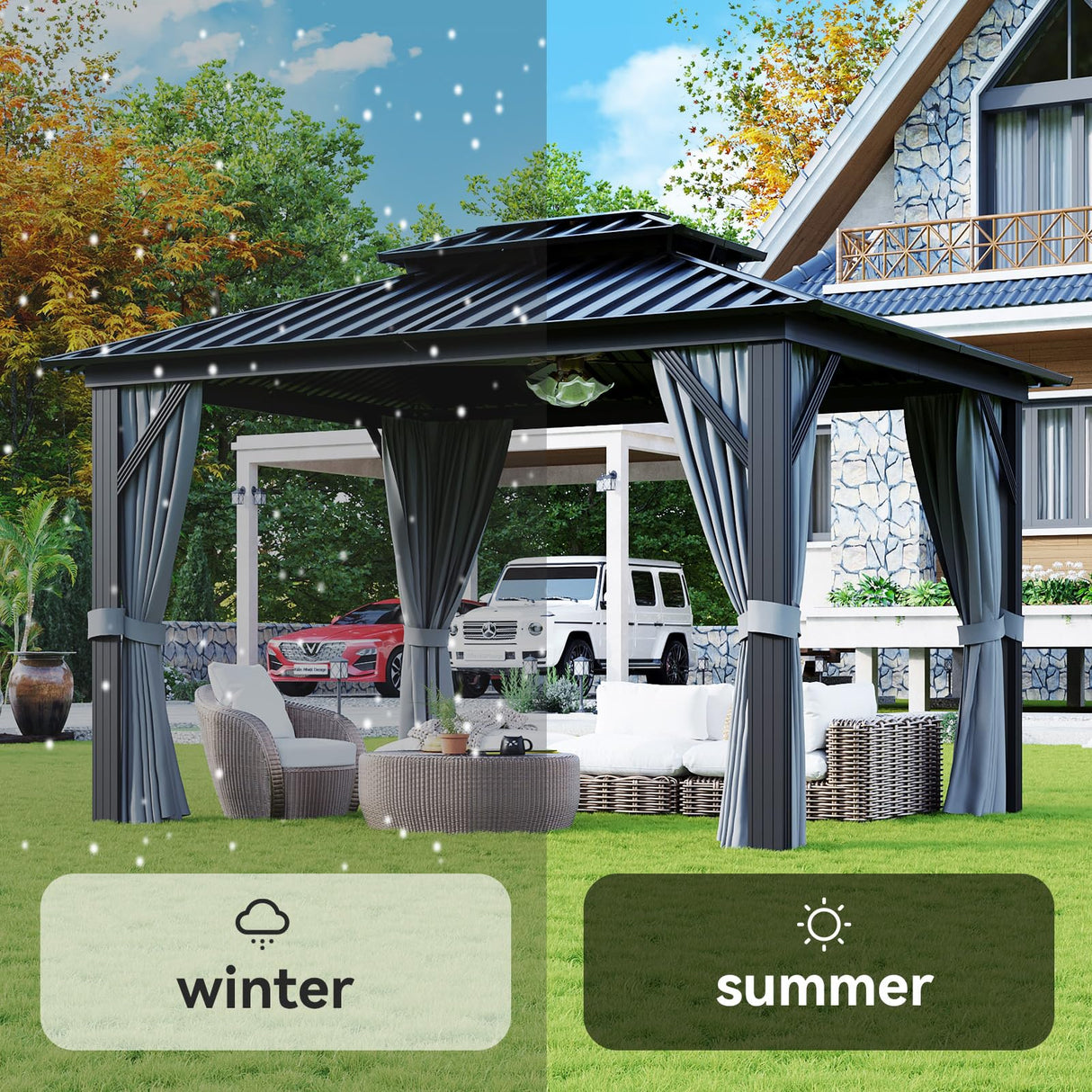 Aoxun 10'x12' Hardtop Gazebo, Aluminum Frame Canopy with Double Galvanized Steel Roof, Outdoor Metal Pavilion with Netting, Curtains for Backyard, Patio and Deck Aoxun