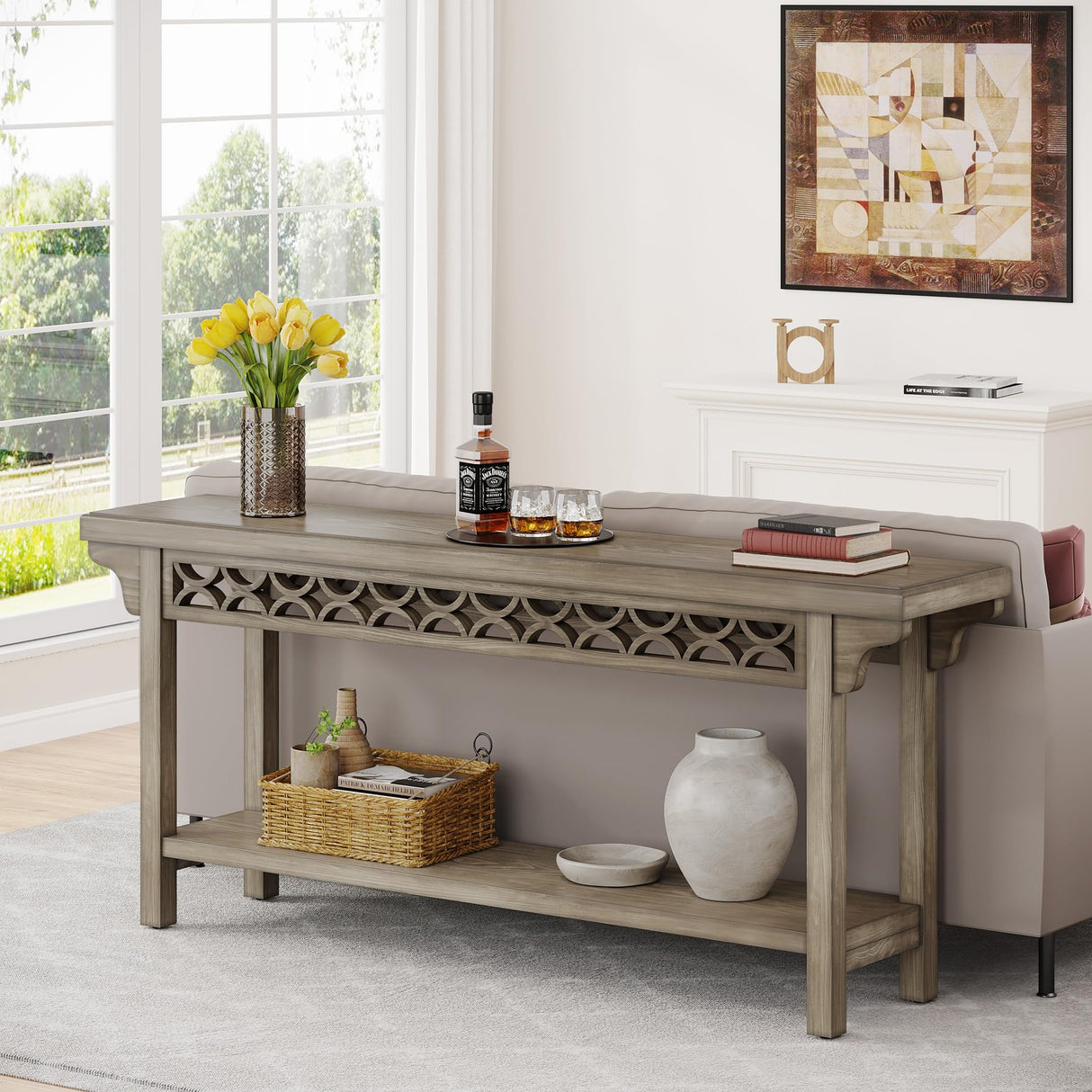 Tribesigns 70.8-Inch Solid Wood Long Console Table, Farmhouse Entryway Table with Storage, Narrow Sofa Table Grey Couch Table for Living Room Entryway Hallway (Gray) Tribesigns