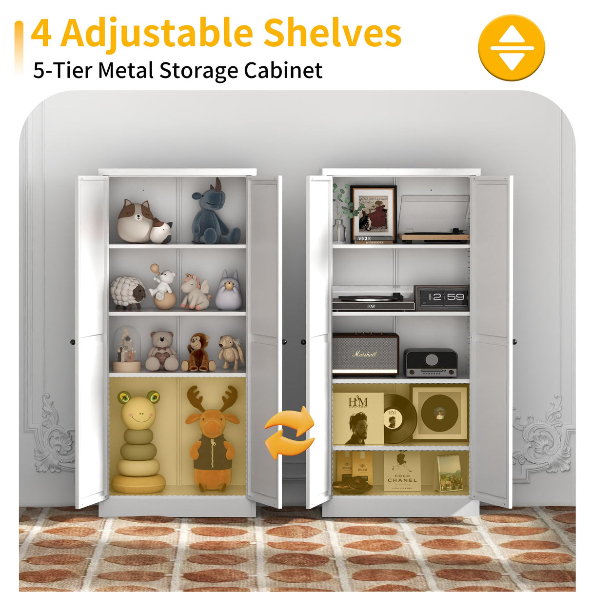 Reegangfa Pantry Cabinet with 2 Doors & 4 Adjustable Shelves & Hooks, 61" Kitchen Storage Cabinets, Utility Metal Storage Cabinet for Home, Living Room, Pantry, Assemble Required (White) Reegangfa