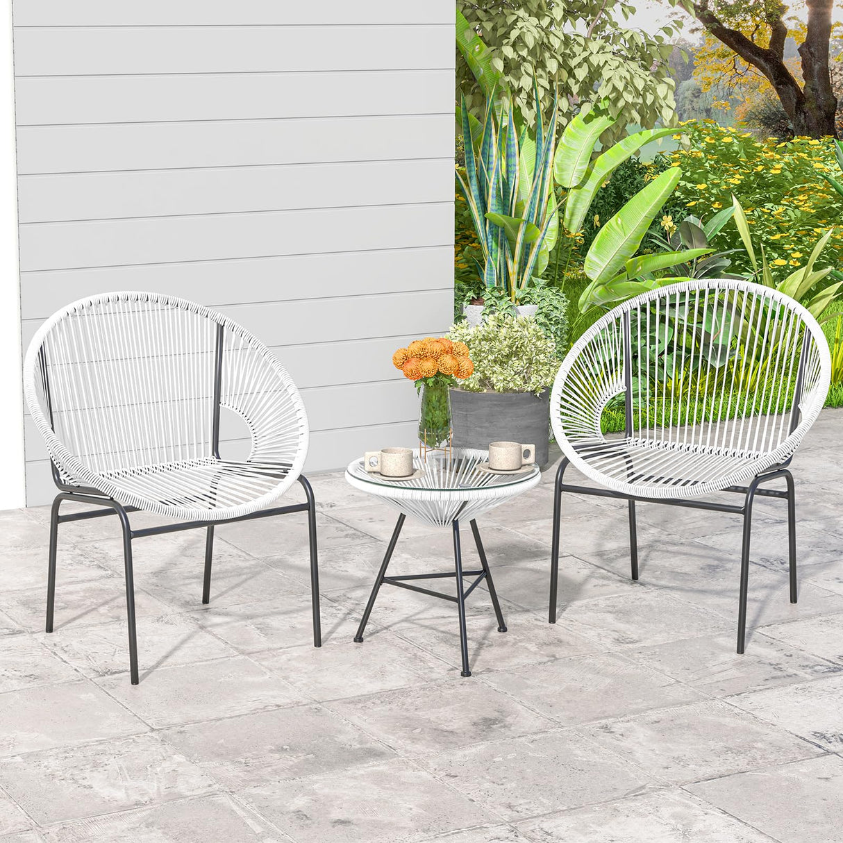 Tangkula 3 Piece Outdoor Patio Furniture Set, Acapulco Chair Set w/Plastic Rope, Tempered Glass Table, All Weather Patio Bistro Set for Patio, Lawn, Garden, Backyard Tangkula