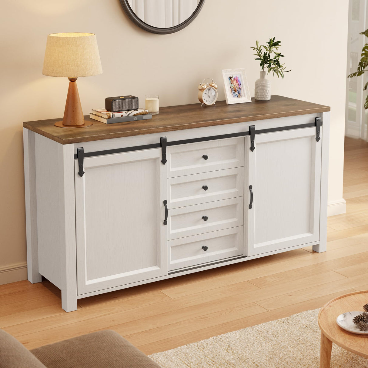 Gizoon Farmhouse Sideboard Buffet Cabinet with Storage, Large Coffee Bar Cabinet with Sliding Barn Doors and Adjustable Shelf, Kitchen Storage with 4 Drawers for Dining Room, Living Room, Retro Gizoon