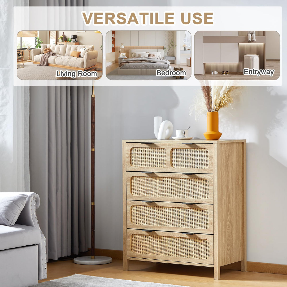 LEVNARY 4 Drawer Dresser for Bedroom, Rattan Dresser Drawers Storage Cane Cabinet, Wooden Chest of Drawers for Bedroom, Entryway, Living Room (1, Natural) LEVNARY