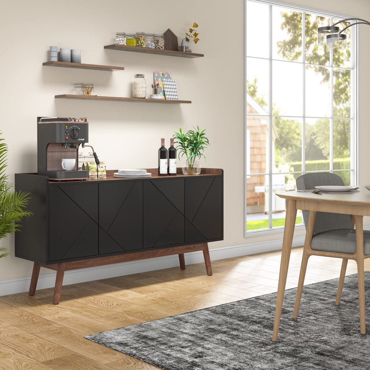 Tribesigns Sideboard Buffet Cabinet with Storage 55" Kitchen Sideboard Cabinet, Wood Coffee Bar Cabinet with Doors, Accent Sideboard Cabinet, Console Table Cabinet for Dining Room Living Room, Black Tribesigns