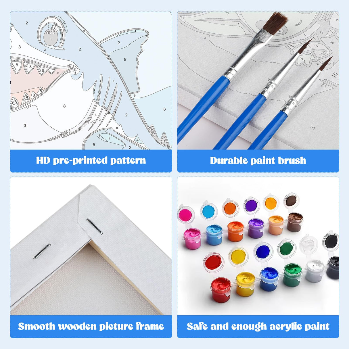 MXJSUA 4 Pack Cute Animals Paint by Numbers Kit with Framed Canvas for Ages 6-12 Kids, Shark Paint by Numbers Kits for Children Beginners, Acrylic Oil Painting for Home Wall Decor Gift (8x8 inch) MXJSUA