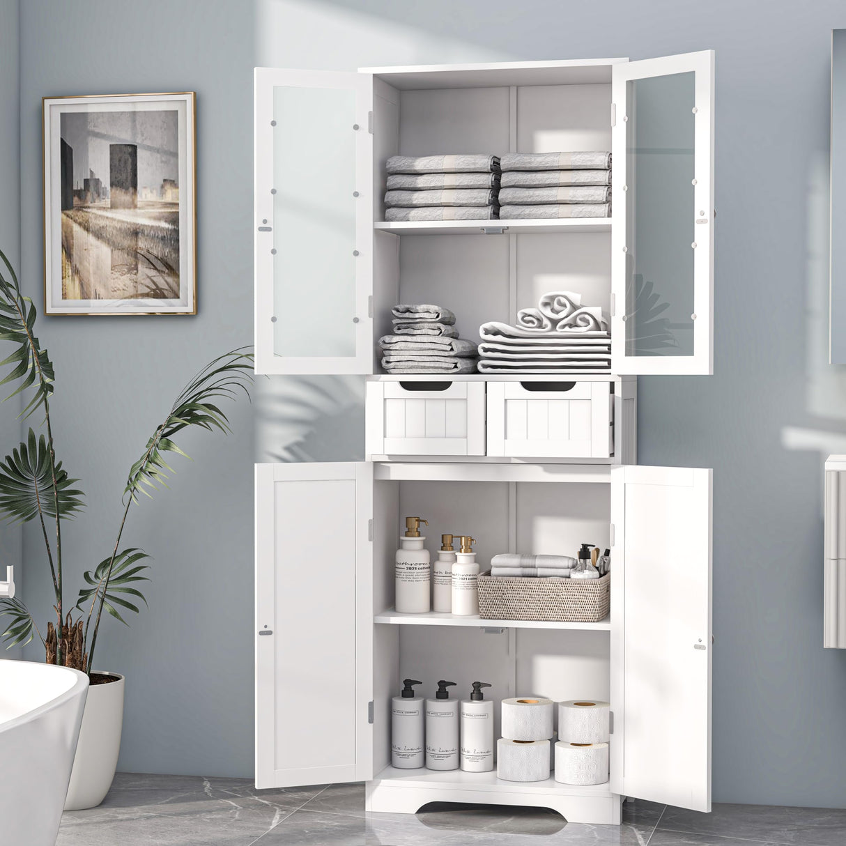 Betterhood 67" Tall Bathroom Storage Cabinet, Freestanding Linen Cabinet with Glass Doors and Shelves, Large Bathroom Pantry Cabinet with 2 Drawers for Living Room, Kitchen, Dining Room, Office, White Betterhood