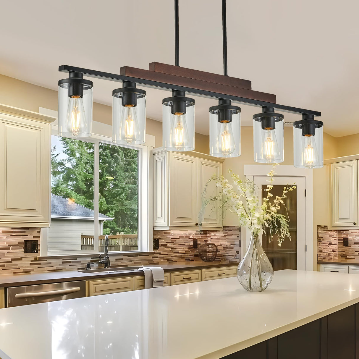 Farmhouse Chandelier 6-Light Dining Room Light Fixture Over Table Kitchen Island Lighting Rustic Chandeliers for Dining Light with Glass Shade Wood Pendant Lights Kitchen Island TWIG