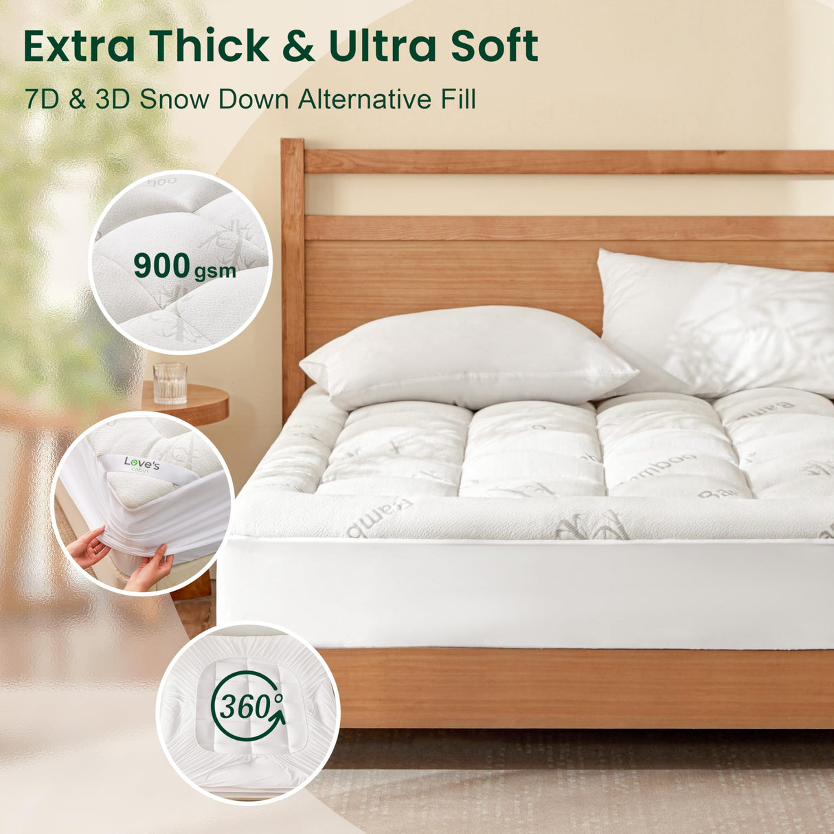 Love's cabin Twin Mattress Topper, Rayon Derived from Bamboo, 900 GSM Breathable Mattress Topper Pad, Thick Pillow Top Mattress Pad Stretches up with 8"-20" Deep Pocket(39"x75") Love's cabin