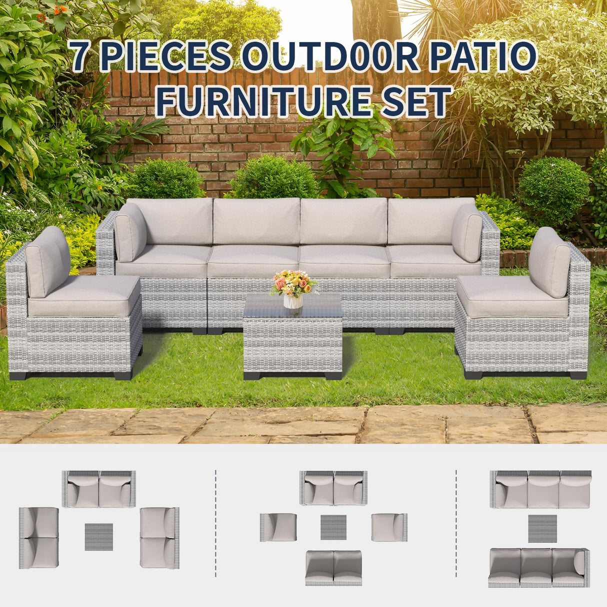 JMGJOY 7 Piece Patio Furniture Set, Rattan Outdoor Patio Conversation Sets, Outdoor Sectional Furniture with Cushion and Coffee Table, for Deck, Backyard, Garden, Field Gray JMGJOY