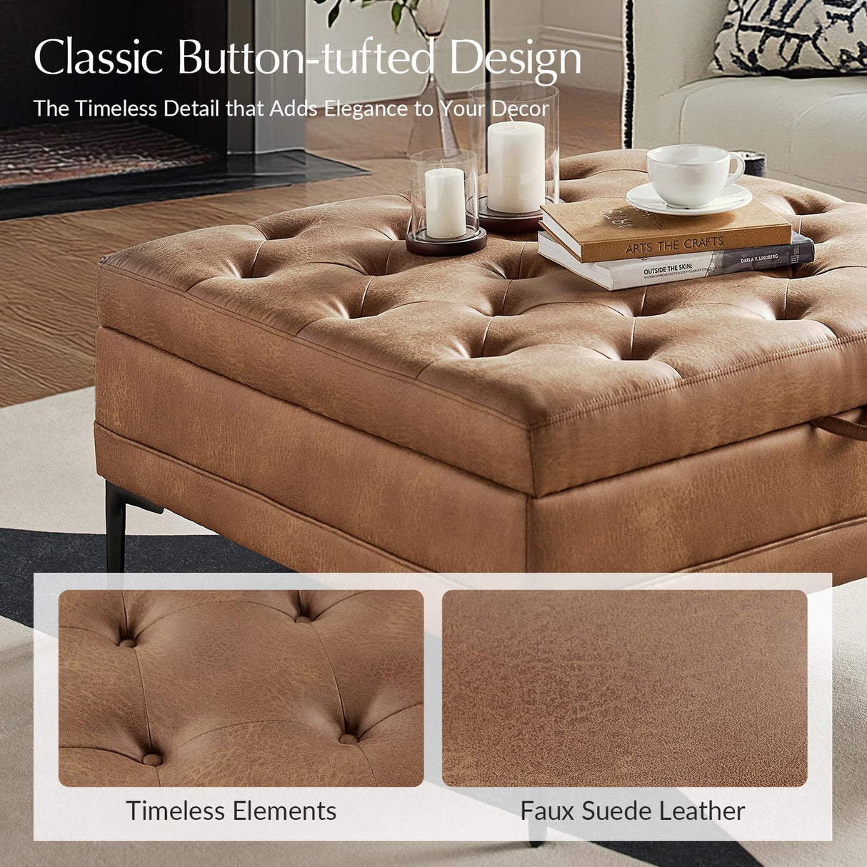 HULALA HOME Faux Leather Coffee Table, 36.5" Square Storage Ottoman with Metal Legs, Button-Tufted Coffee Table with Storage for Living Room, Camel HULALA HOME