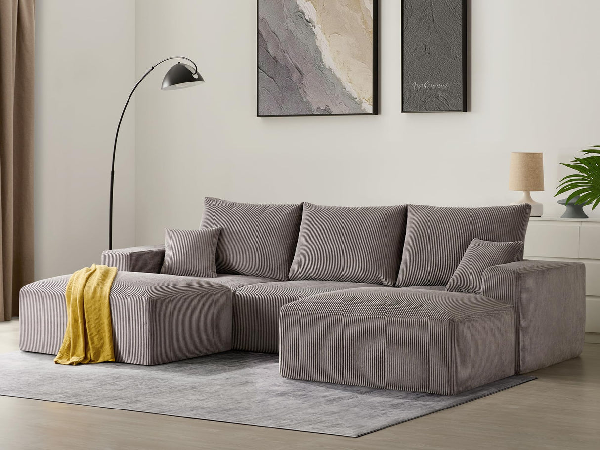 Sectional Modern Sleeper Sofa Couches for Living Room-113'' Grey 3 Seater U-Shaped Lounge Cloud Couch-No Assembly Modular Corduroy Convertible Sponge Compression Sofas with Chaise for Home House Living&Giving