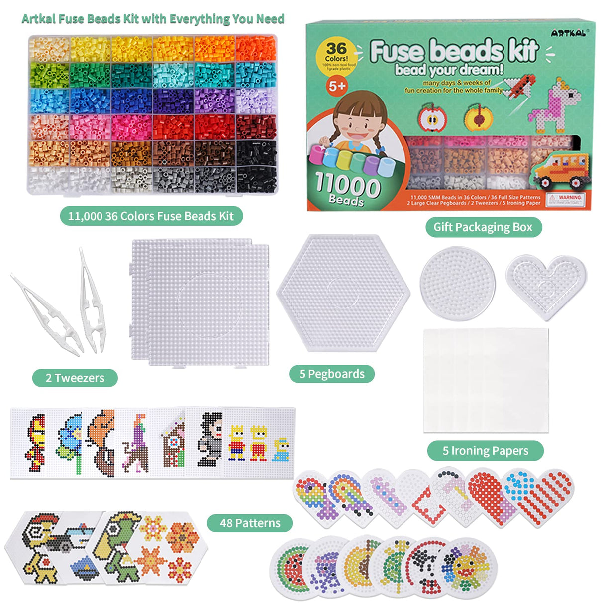 Artkal Fuse Beads Kit 11,000pcs 36 Colors Melting Beads Kit for Kids, with 5 Pegboards 2 Tweezers 48 Patterns, Fusible Beads Kit Compatible Perler Beads Hama Beads for Christmas Birthday Gift ARTKAL