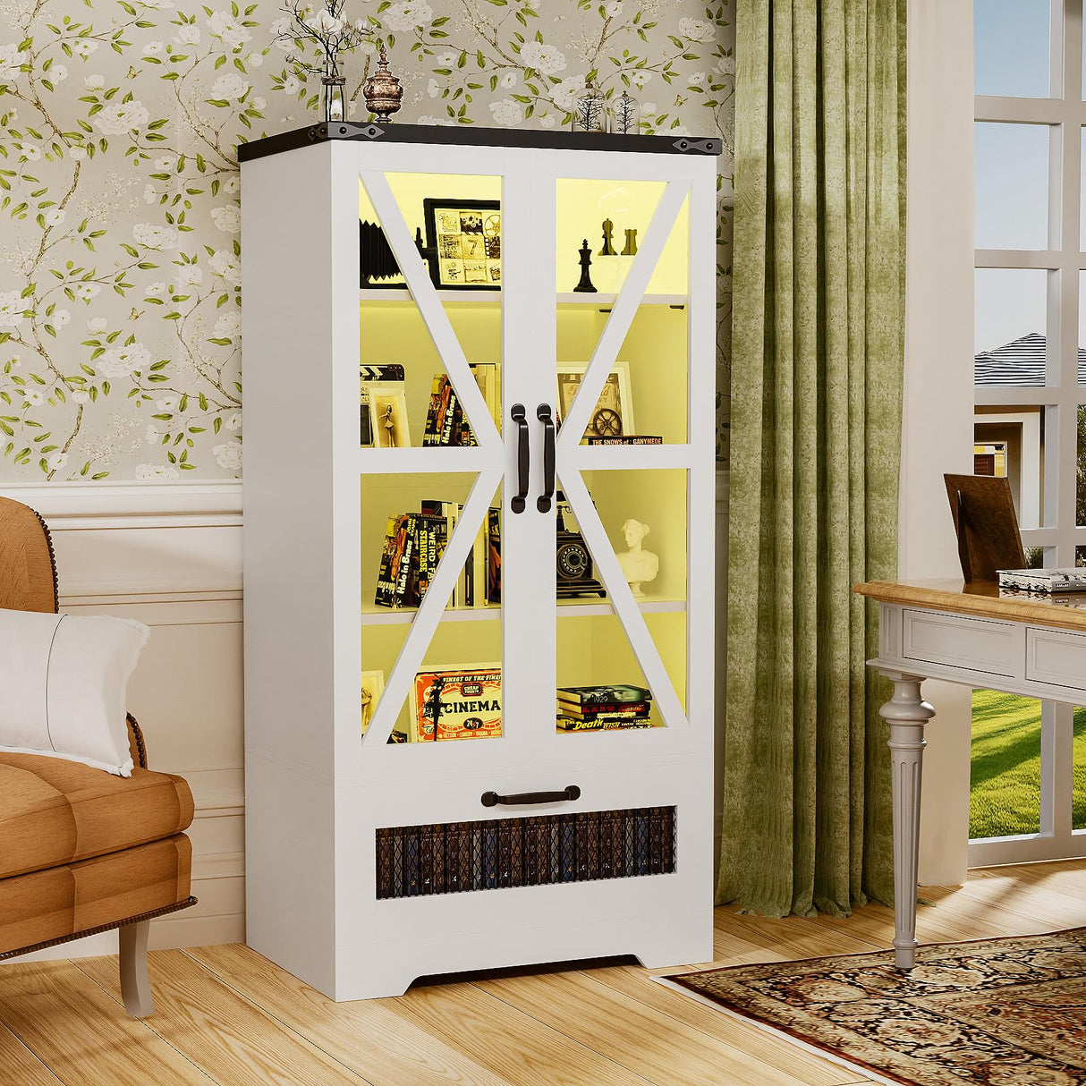 Semoic 47" Display Storage Cabinet with Adjustable Shelves,Pantry Storage Cabinet with LED Light, 4-Tier Curio Showcase with Drawer for Toys, Books, Collection, White Semoic