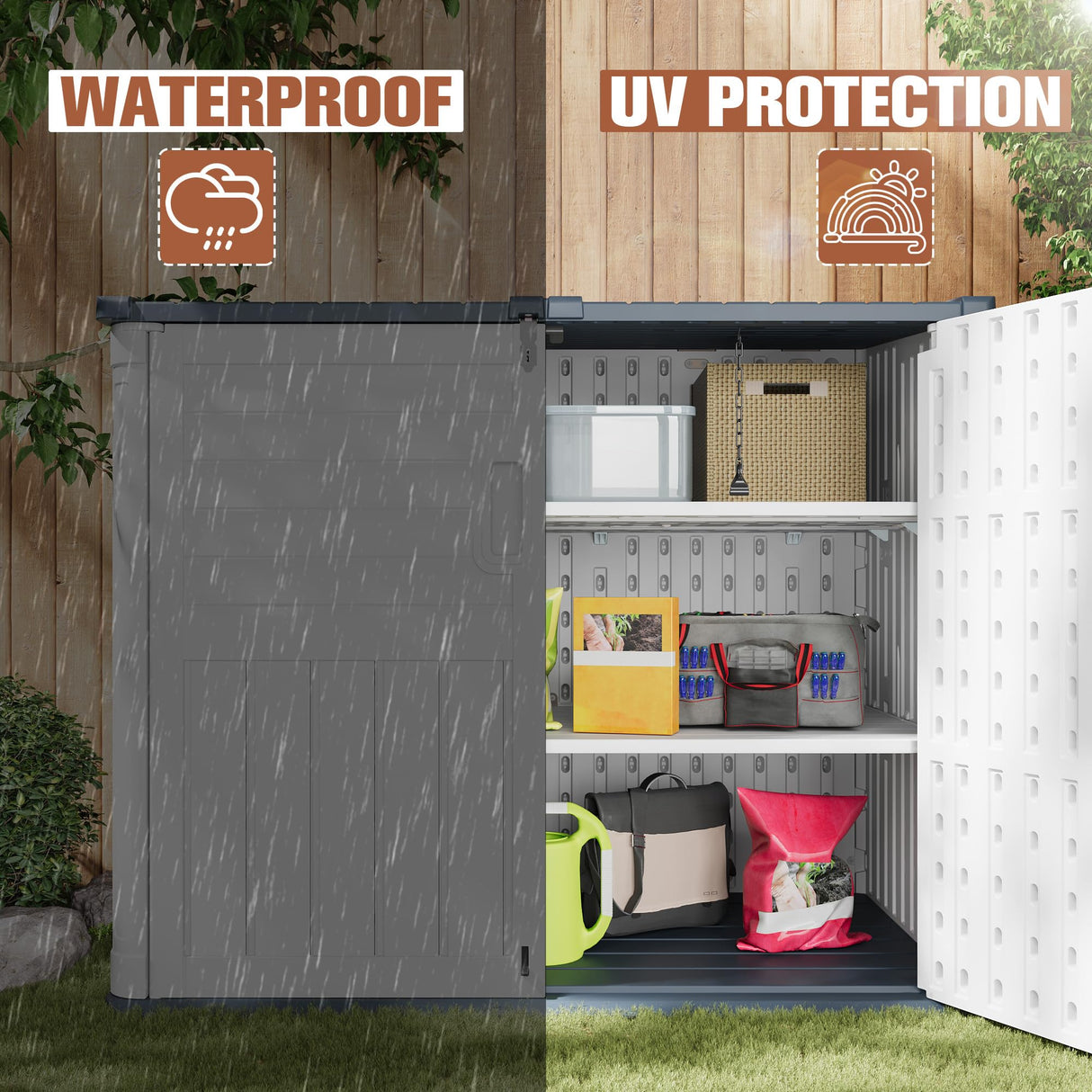 TUOZE 34 Cu Ft Resin Storage Shed with 2 Shelves, Waterproof Outdoor Storage Cabinet with Sloping Roof & Lockable Lid for Garden Tools, Trash Cans (Beige) Tuoze