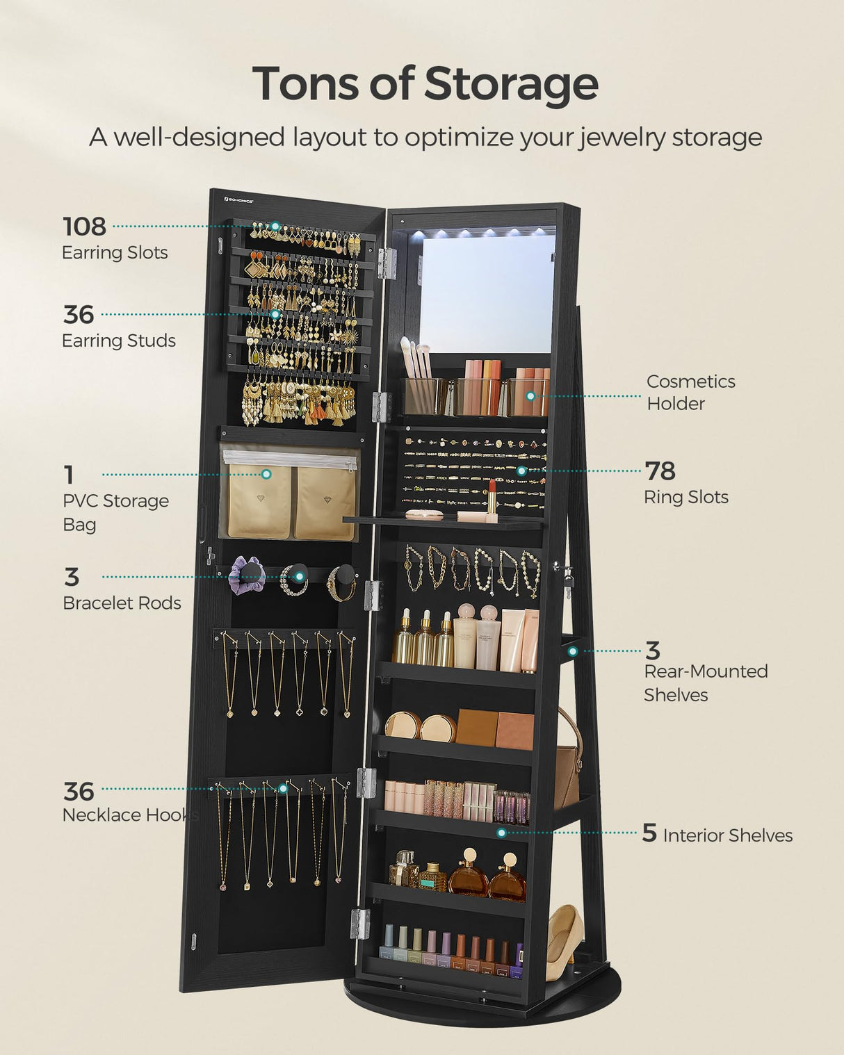 SONGMICS LED Mirror Jewelry Cabinet Standing, Lockable Jewelry Armoire with Full-Length Mirror and Adjustable LED Lights, Space-Saving Jewelry Organizer with Mirror, Gift Idea, Ink Black UJJC008B01 SONGMICS