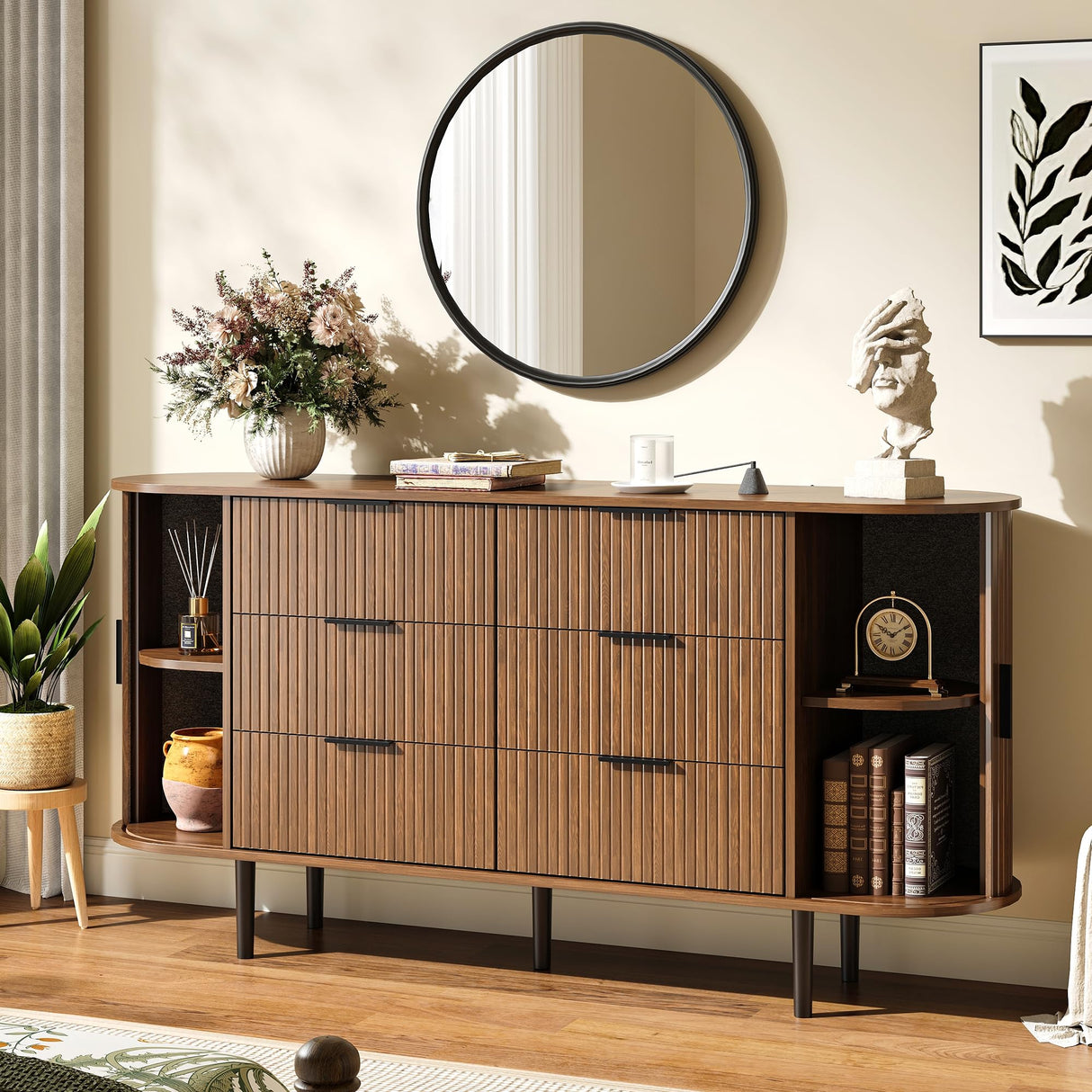 BVIUNTWO Fluted 6 Drawer Dresser, 63" Wide Modern Chest of Drawers with Metal Handle, Curved Edge Design, Wood Storage Credenza Cabinet for Bedroom,Living Room, Brown BVIUNTWO