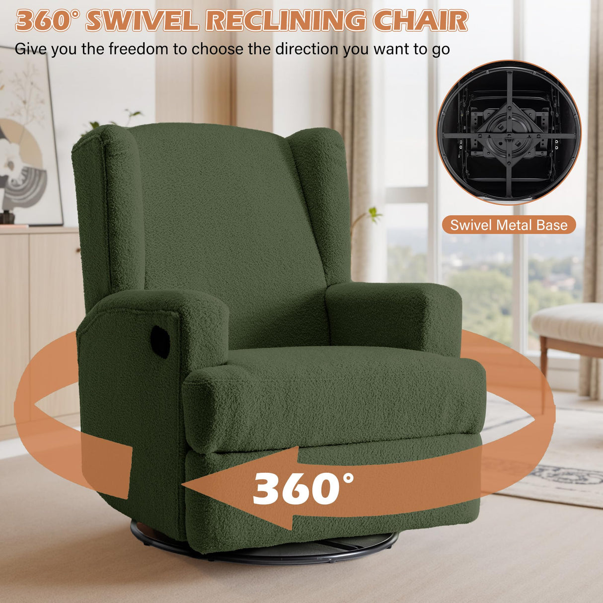UIXE Swivel Glider Recliner Chairs Set of 2, Boucle High Back Accent Chair Nursery Rocker for Living Room, Upholstered Manual Reclining Sofa Seating with Deep Seat - Green UIXE