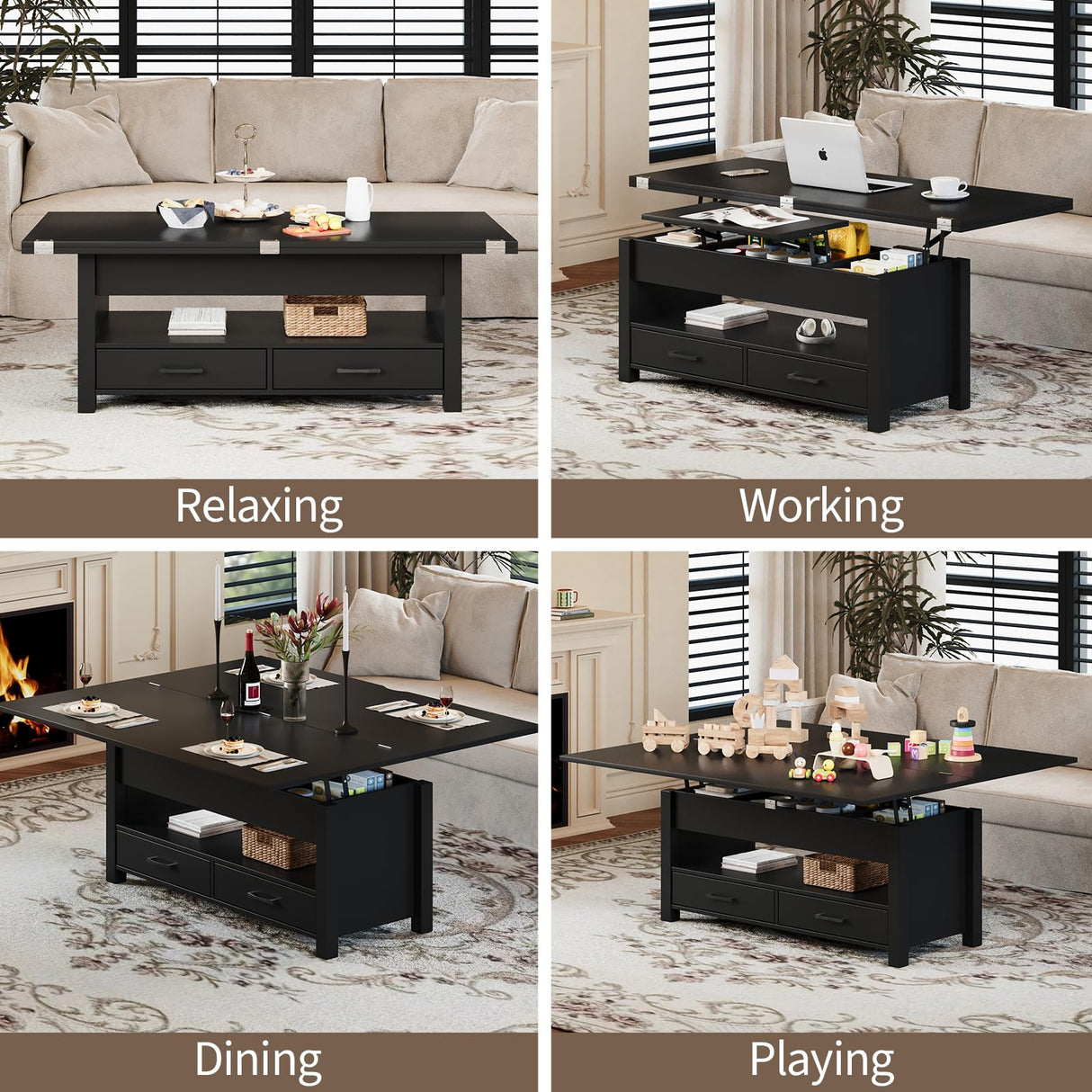 Garvee 40" Coffee Table Lift Top, Multi-Function Convertible Coffee Table with Drawers and Hidden Compartment, Converts to Dining Table for Living Room, Black Garvee